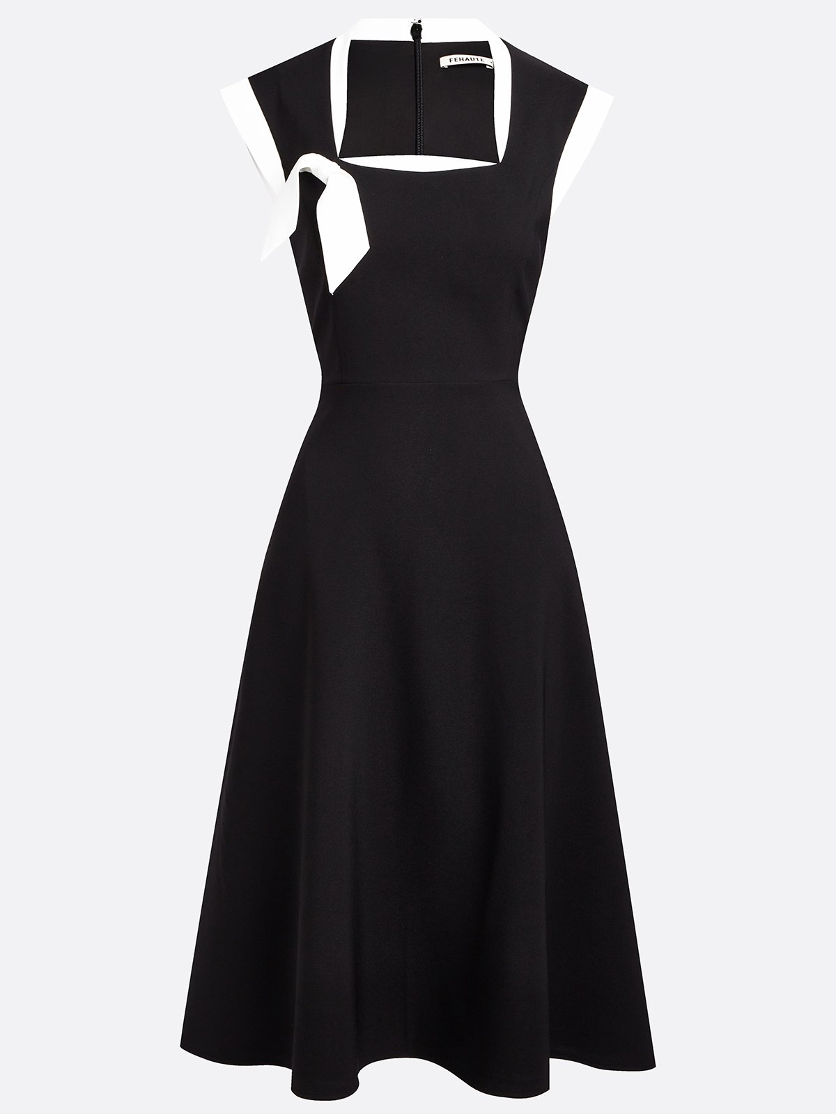 Black Bow Classic Square Neck Cap Sleeve A-Line Midi Dress