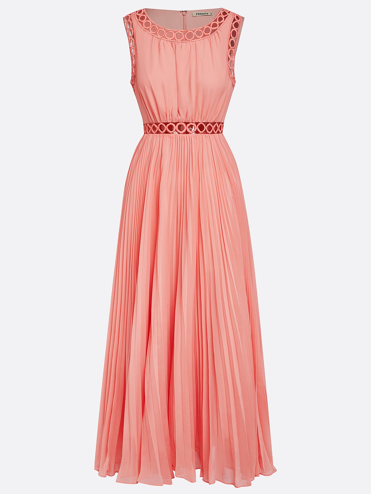 Orange Lace Pleated Hollow Out Chiffon Crew Neck Sleeveless A-Line Maxi Dress