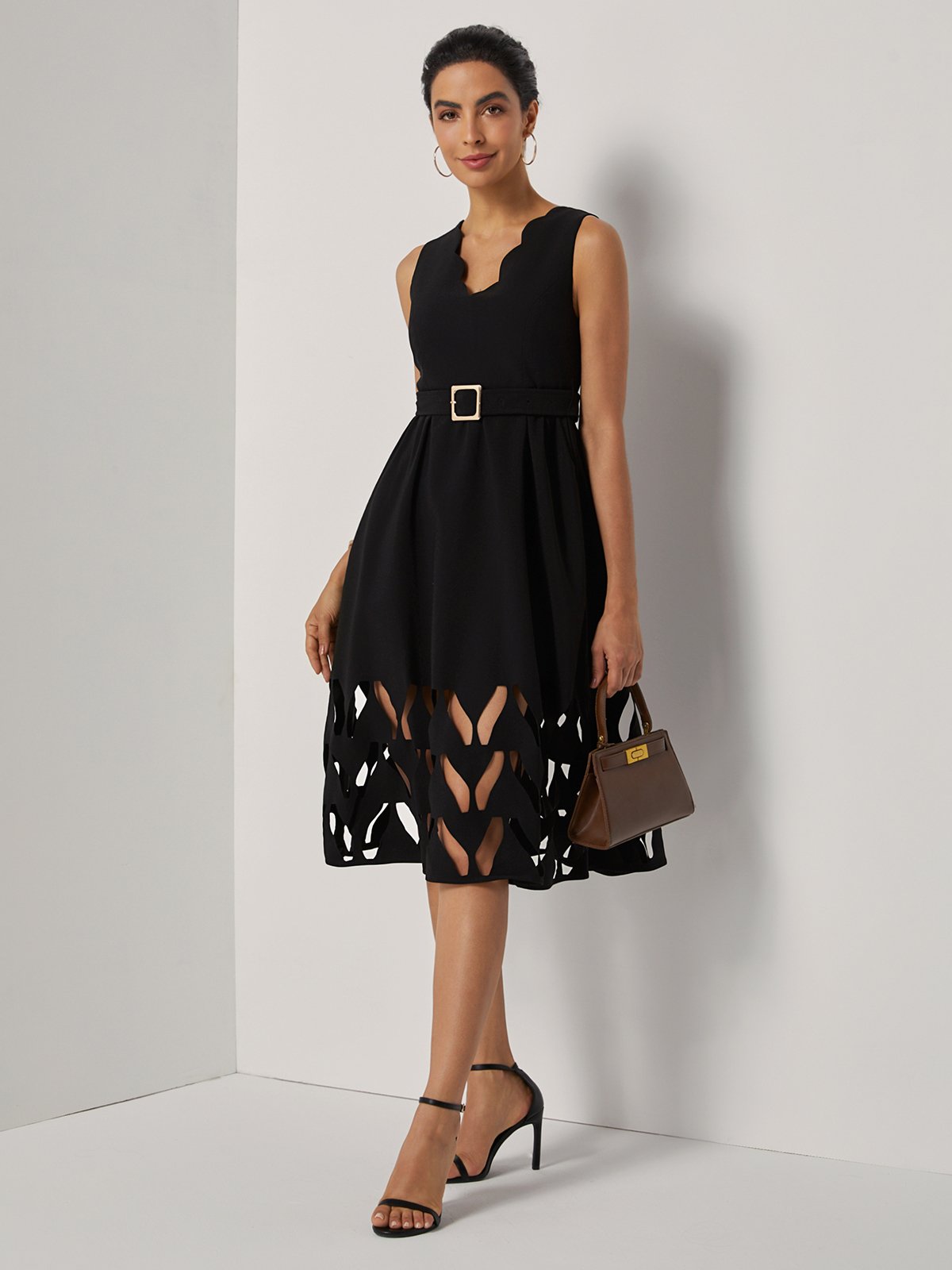 Black Devore Classic V Neck Sleeveless A-Line Midi Dress