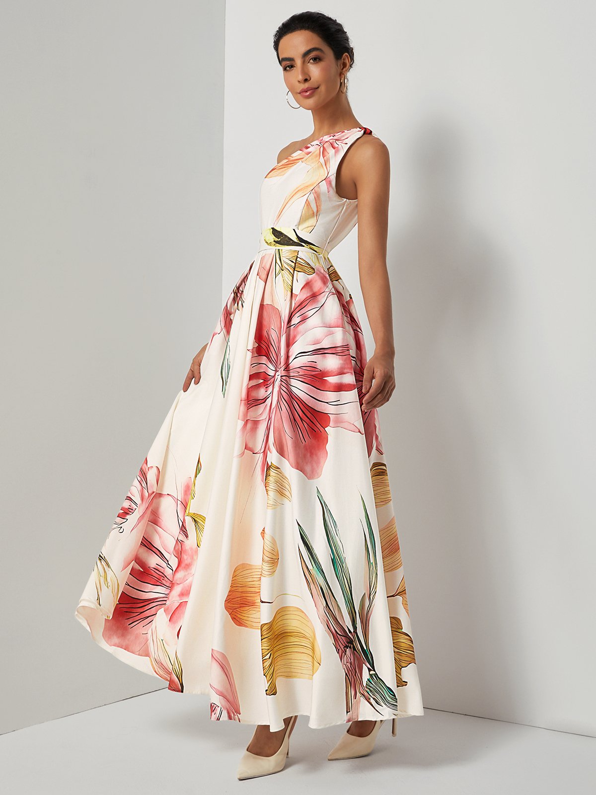 Pink Floral Satin One Shoulder Sleeveless A-Line Maxi Dress