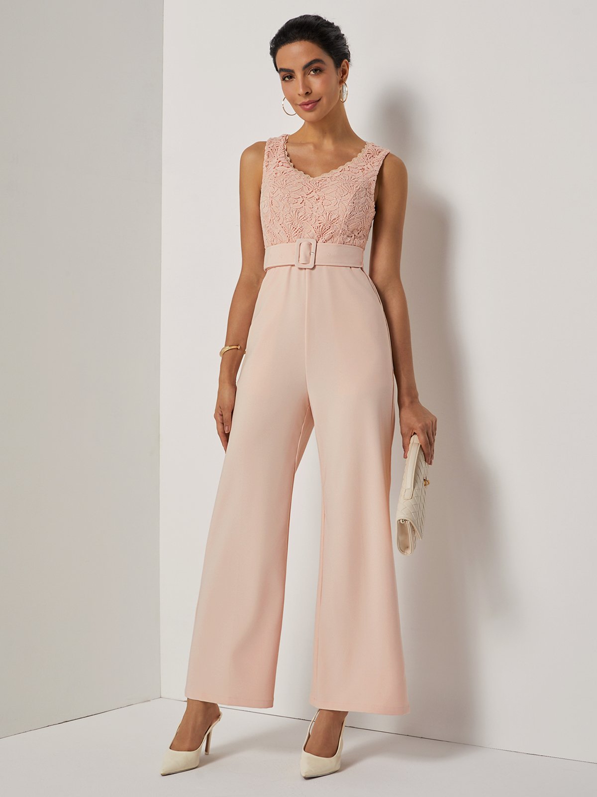 Women Pink Lace V Neck Sleeveless Dressy Jumpsuit
