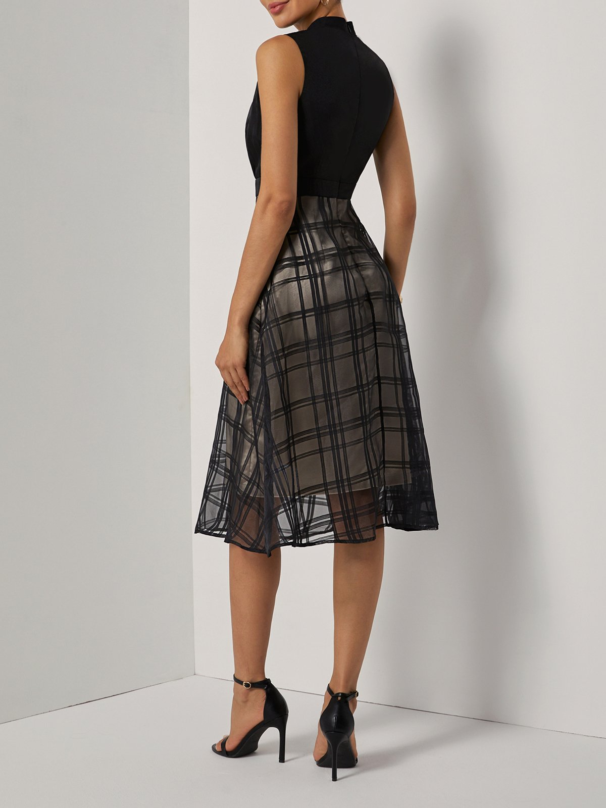 Black Organza Classic Crew Neck Sleeveless A-Line Midi Dress