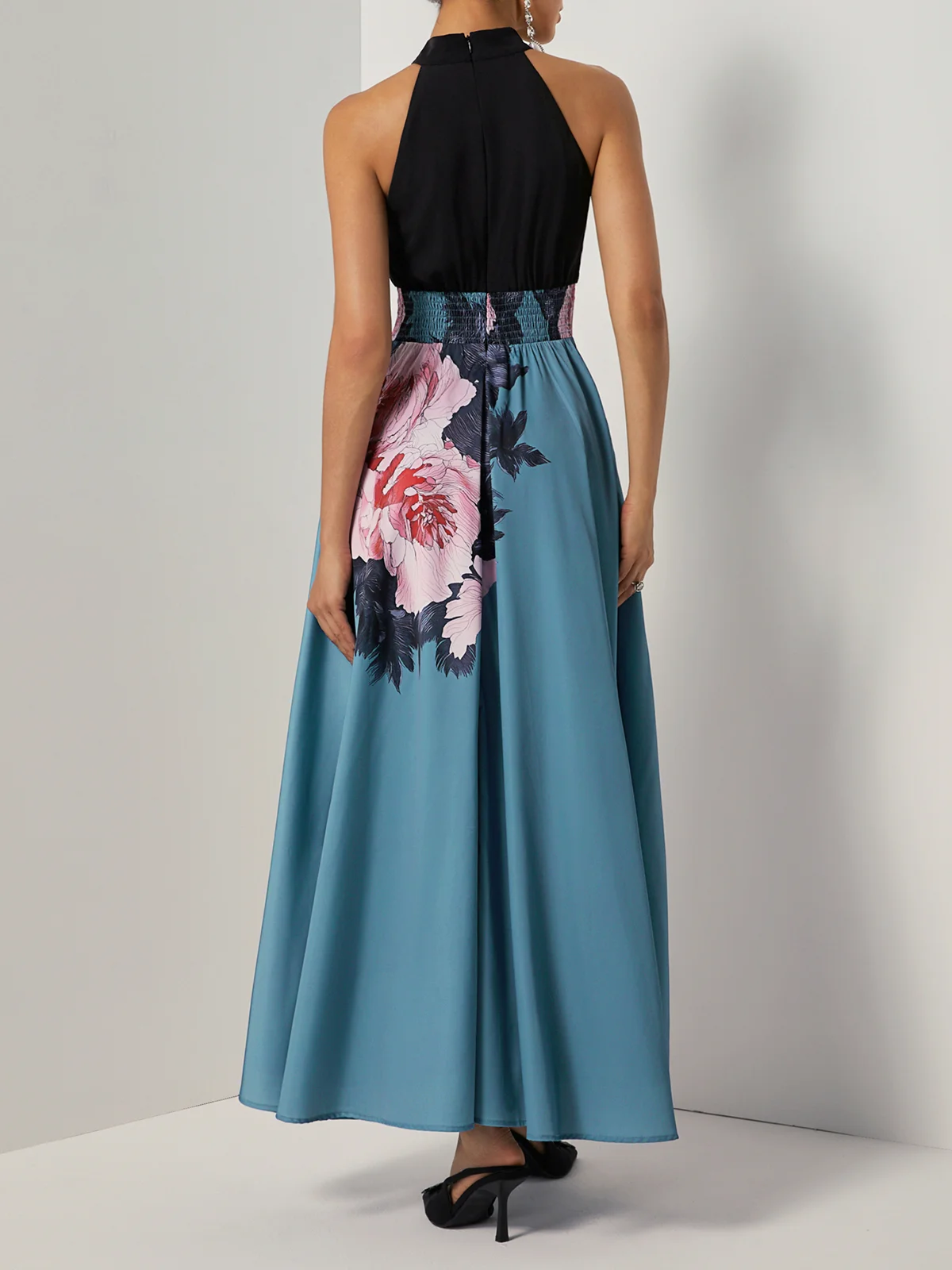Black Floral Slit Satin Halter Sleeveless A-Line Maxi Dress