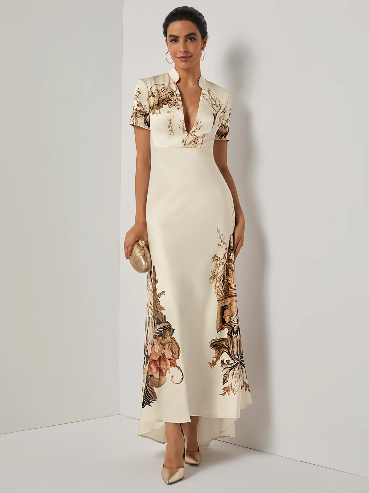 Beige Floral Satin Deep V Neck Short Sleeve Mermaid Gown Dress