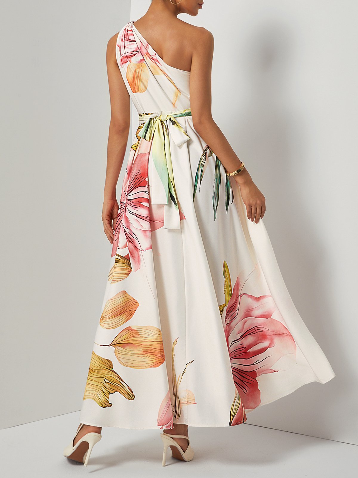 Pink Floral Satin One Shoulder Sleeveless A-Line Maxi Dress