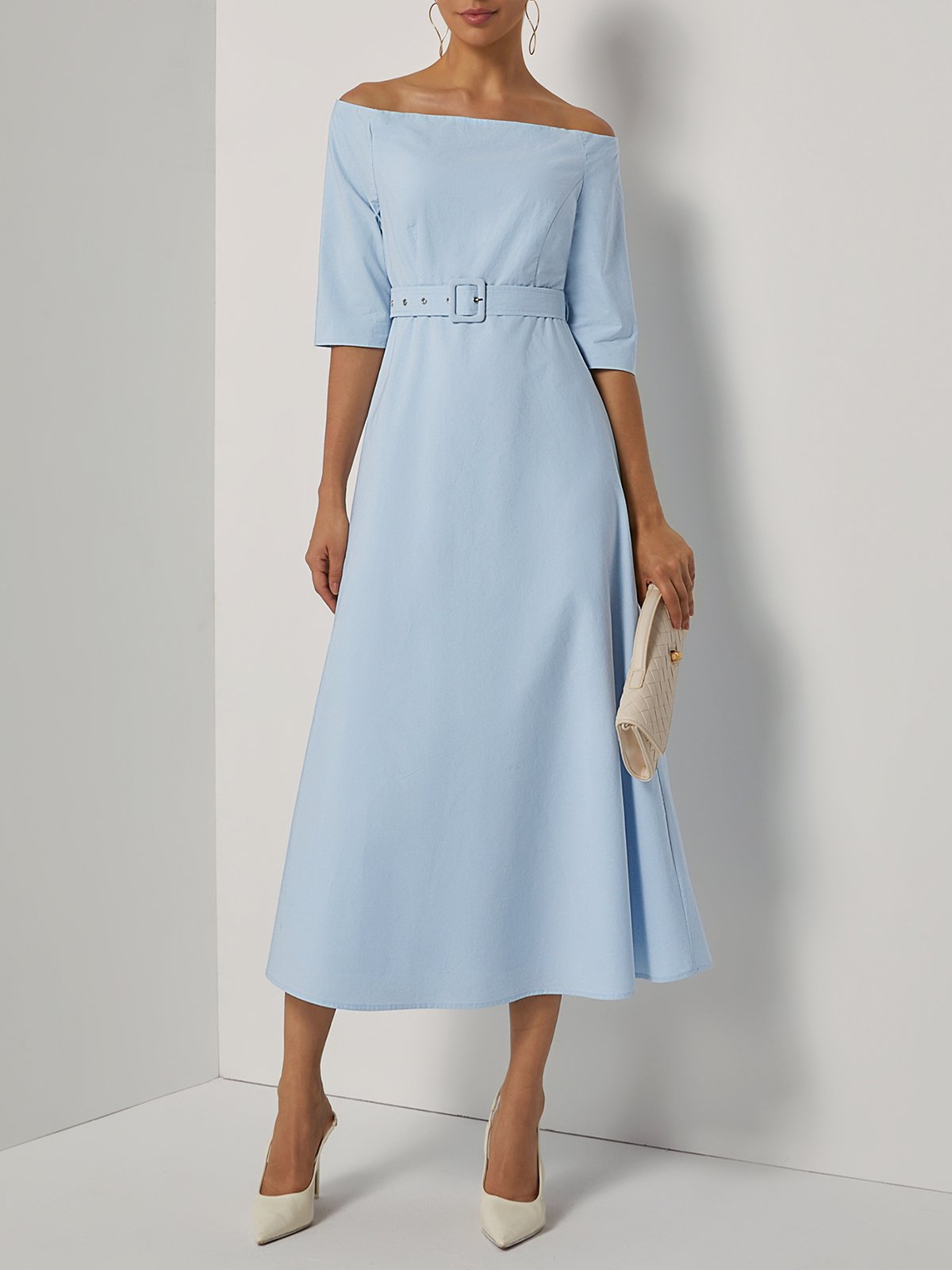 Light Blue Cotton Off The Shoulder Half Sleeve A-Line Maxi Dress