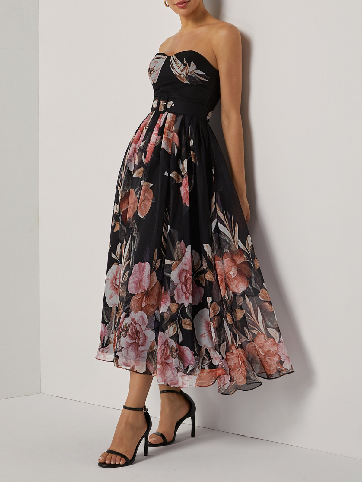 Black Floral Chiffon Strapless Sleeveless A-Line Midi Dress