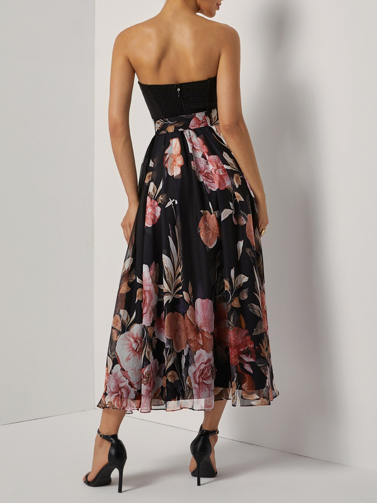 Black Floral Chiffon Strapless Sleeveless A-Line Midi Dress
