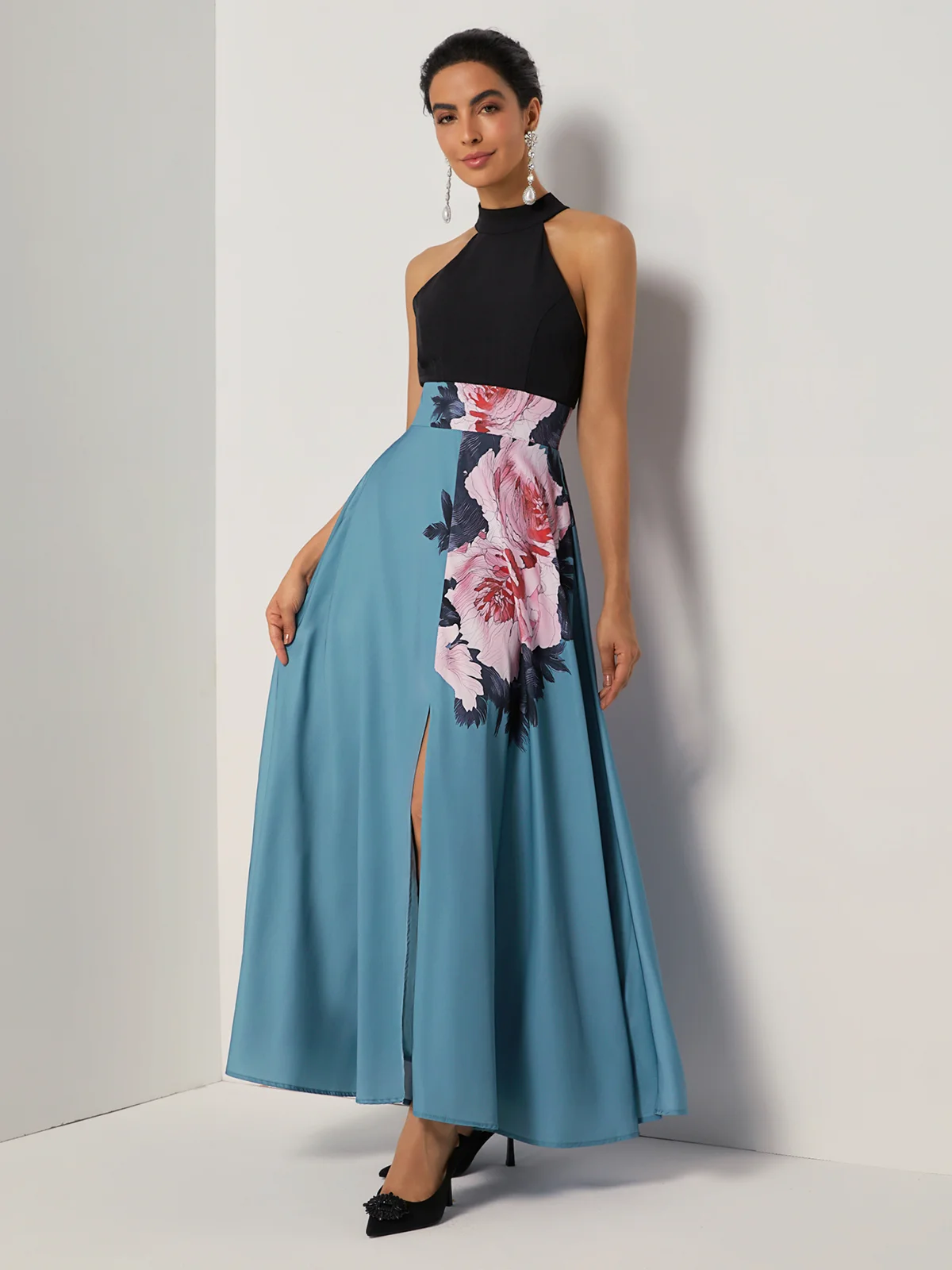 Black Floral Slit Satin Halter Sleeveless A-Line Maxi Dress