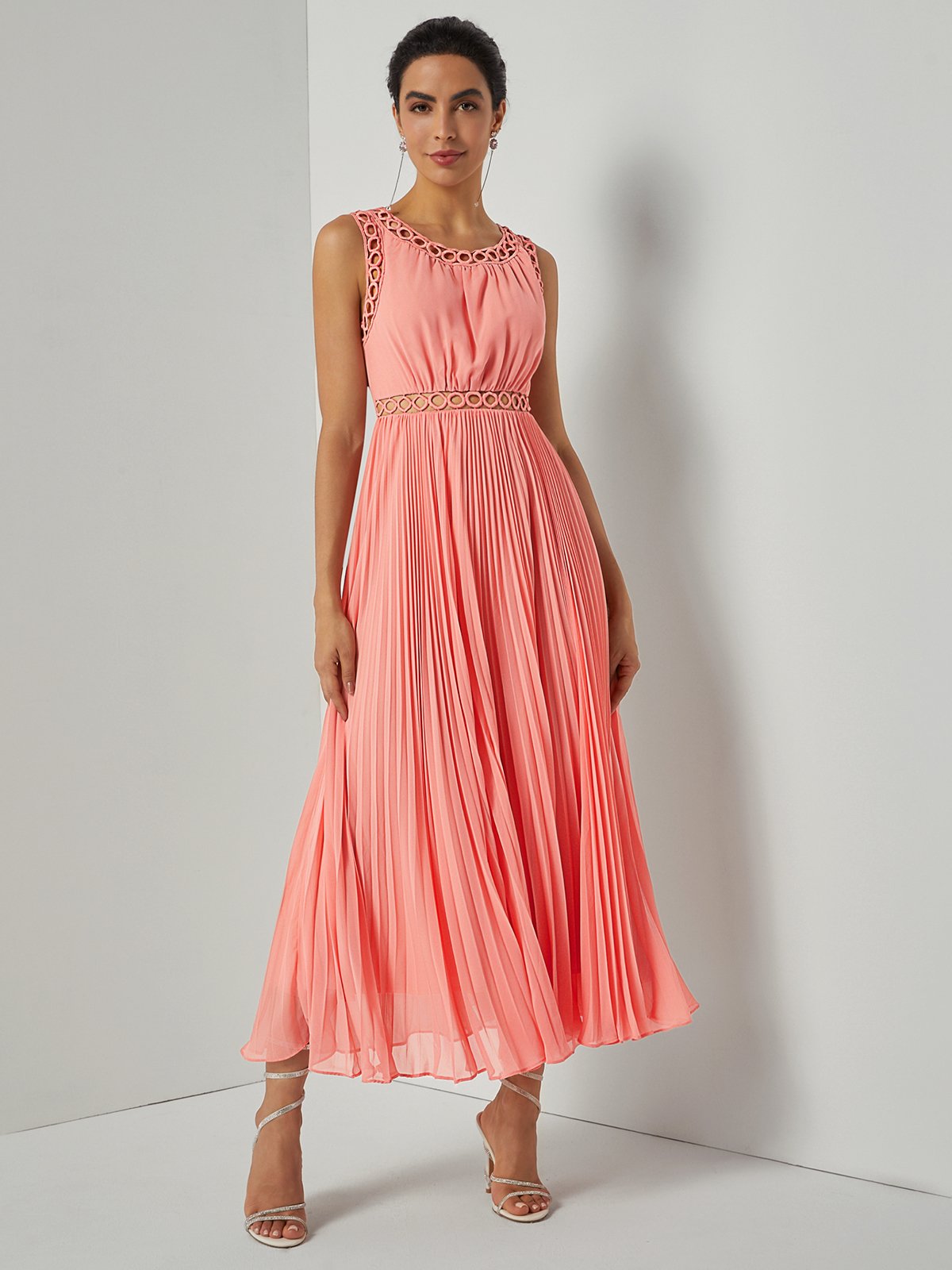 Orange Lace Pleated Hollow Out Chiffon Crew Neck Sleeveless A-Line Maxi Dress