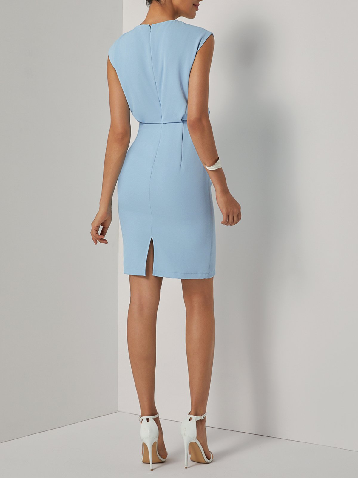 Light Blue Ruched Cut Out Classic Crew Neck Cap Sleeve Sheath Midi Dress