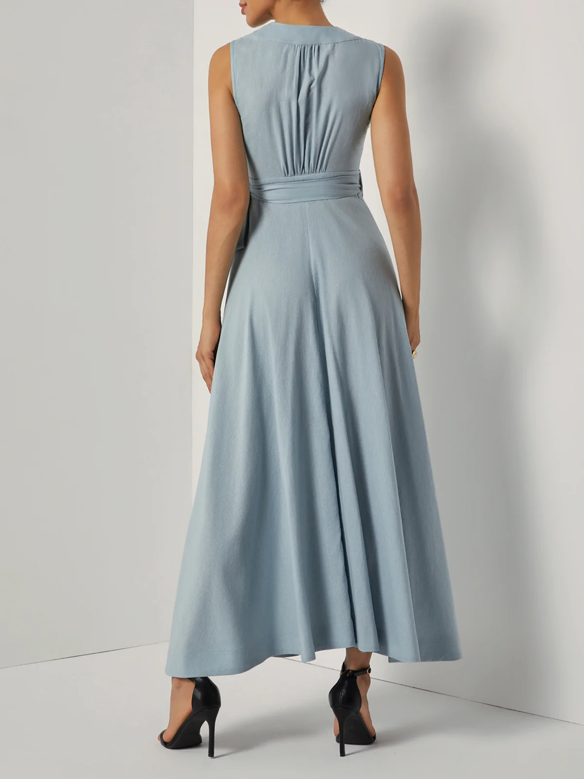 Light Blue Bow Linen Wrap V Neck Sleeveless A-Line Maxi Dress