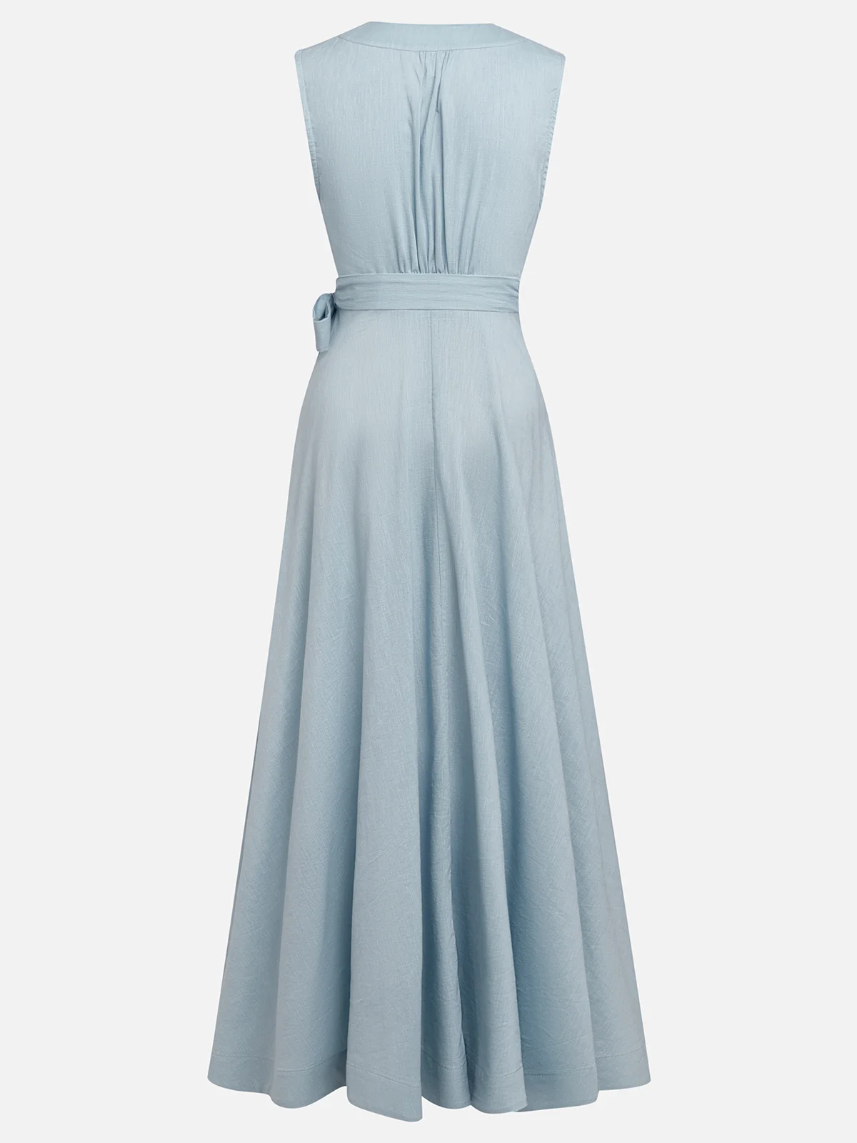 Light Blue Bow Linen Wrap V Neck Sleeveless A-Line Maxi Dress