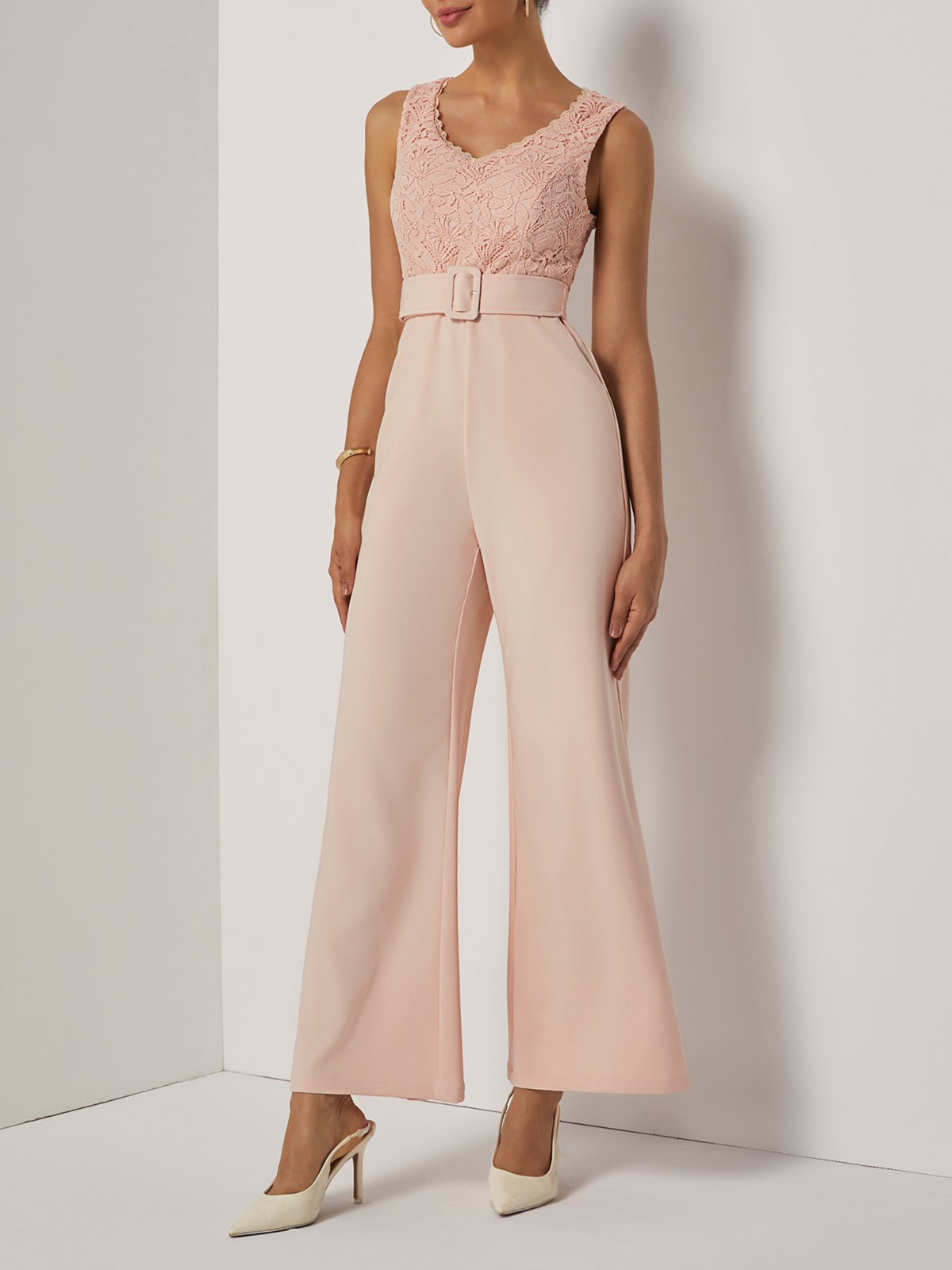 Women Pink Lace V Neck Sleeveless Dressy Jumpsuit