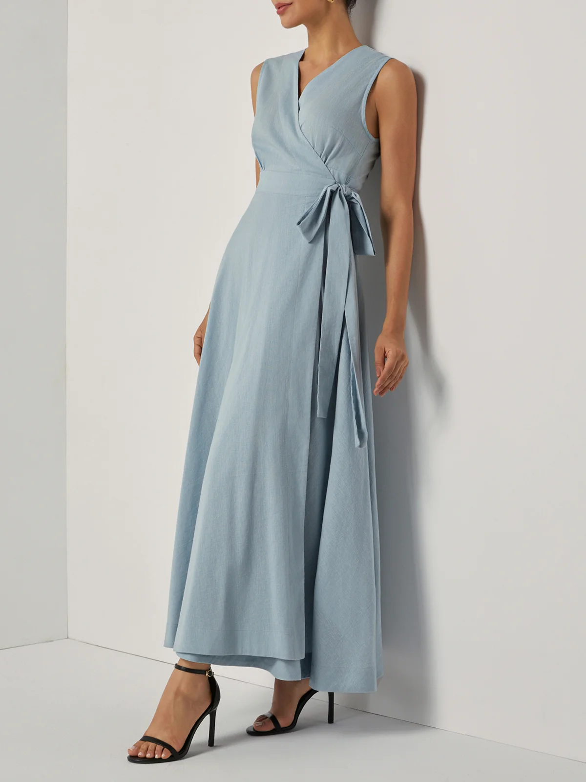Light Blue Bow Linen Wrap V Neck Sleeveless A-Line Maxi Dress