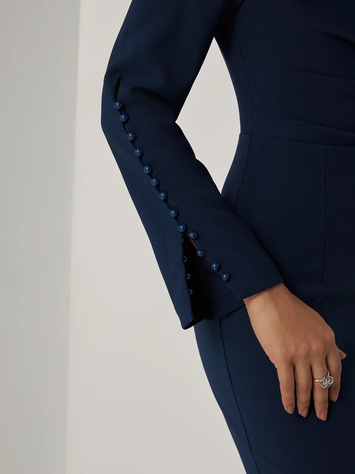 Purplish blue 3D Floral Ruched Classic Boat Neck Long Sleeve Sheath Midi Dress