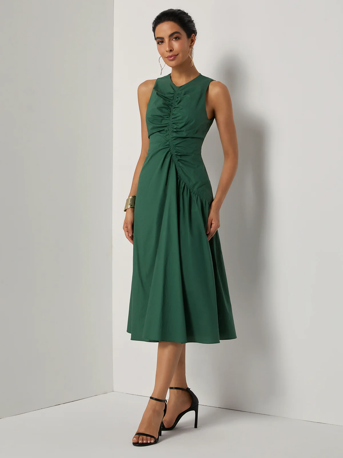 Green Shirred Cotton Crew Neck Sleeveless A-Line Midi Dress