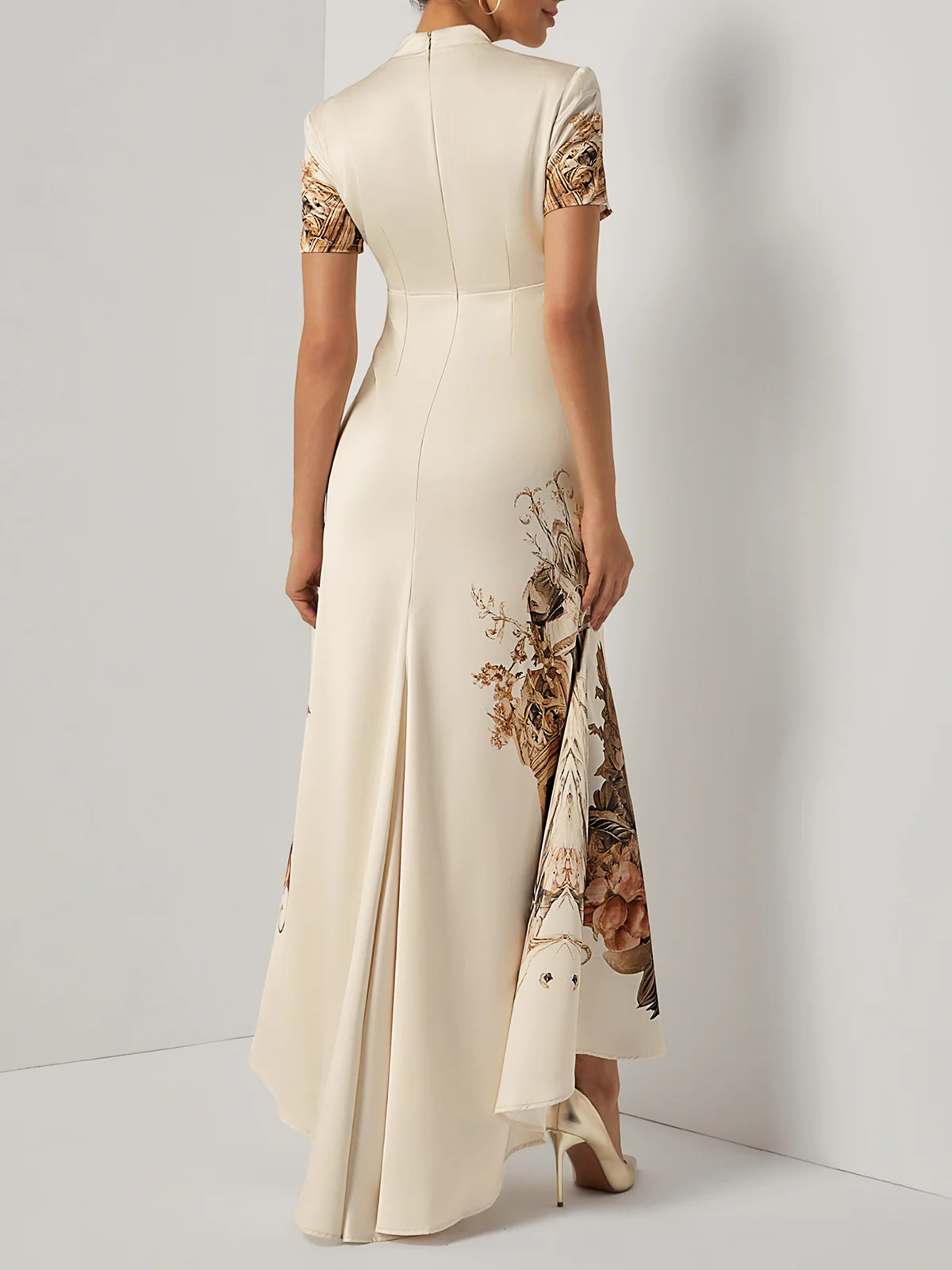 Beige Floral Satin Deep V Neck Short Sleeve Mermaid Gown Dress