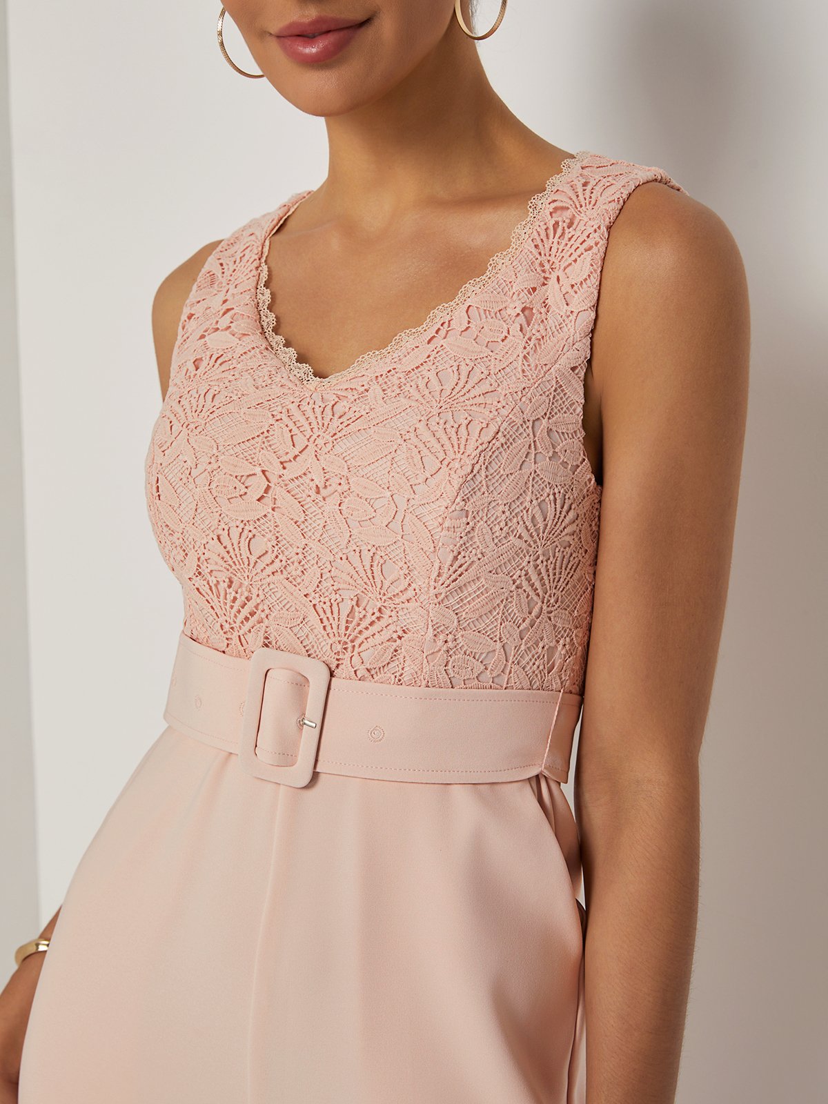 Women Pink Lace V Neck Sleeveless Dressy Jumpsuit