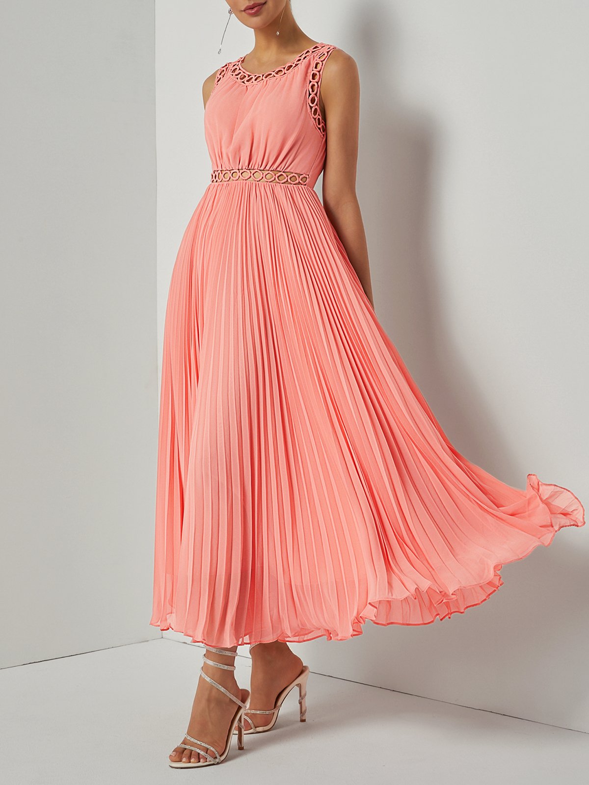 Orange Lace Pleated Hollow Out Chiffon Crew Neck Sleeveless A-Line Maxi Dress