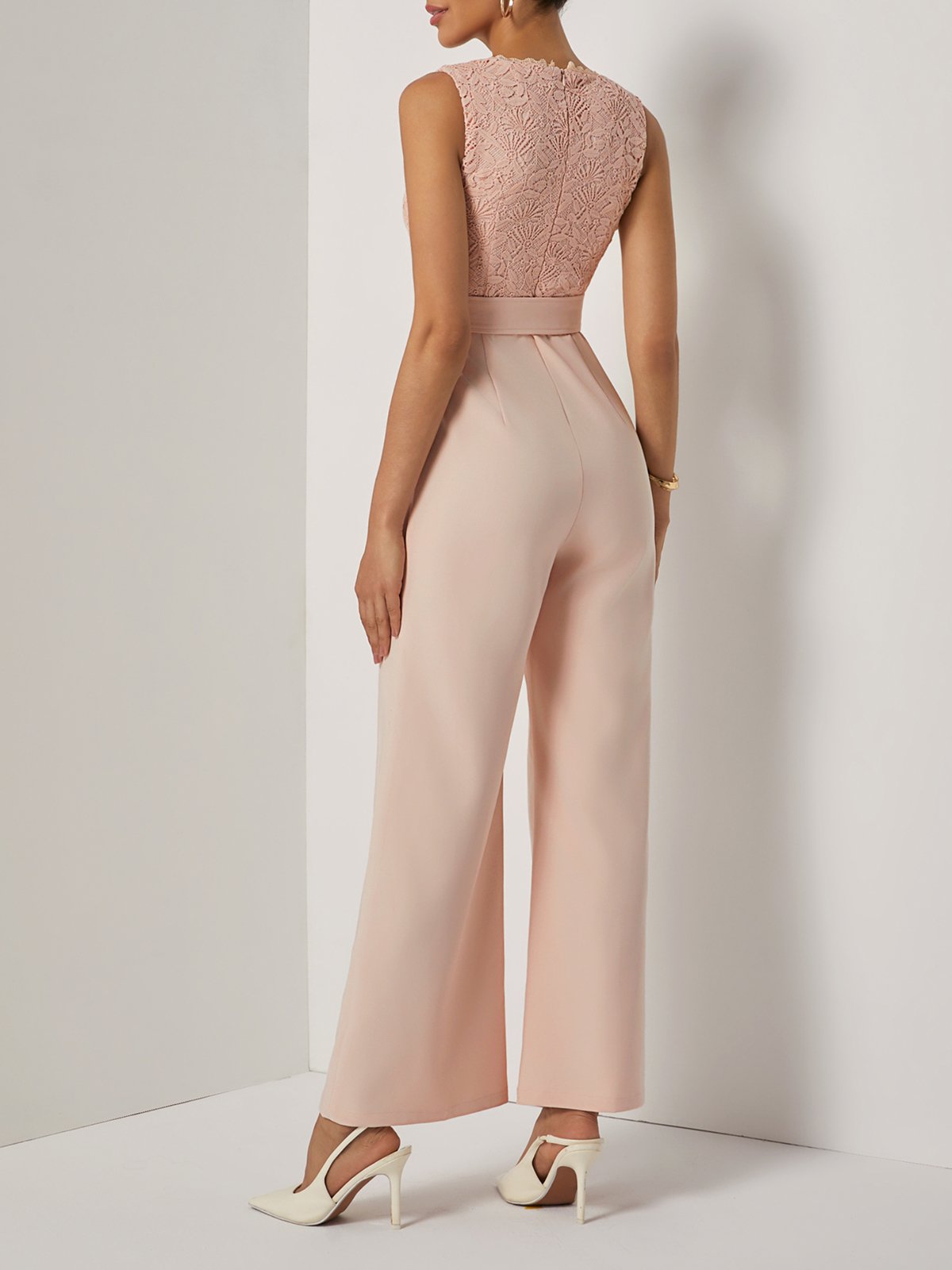 Women Pink Lace V Neck Sleeveless Dressy Jumpsuit