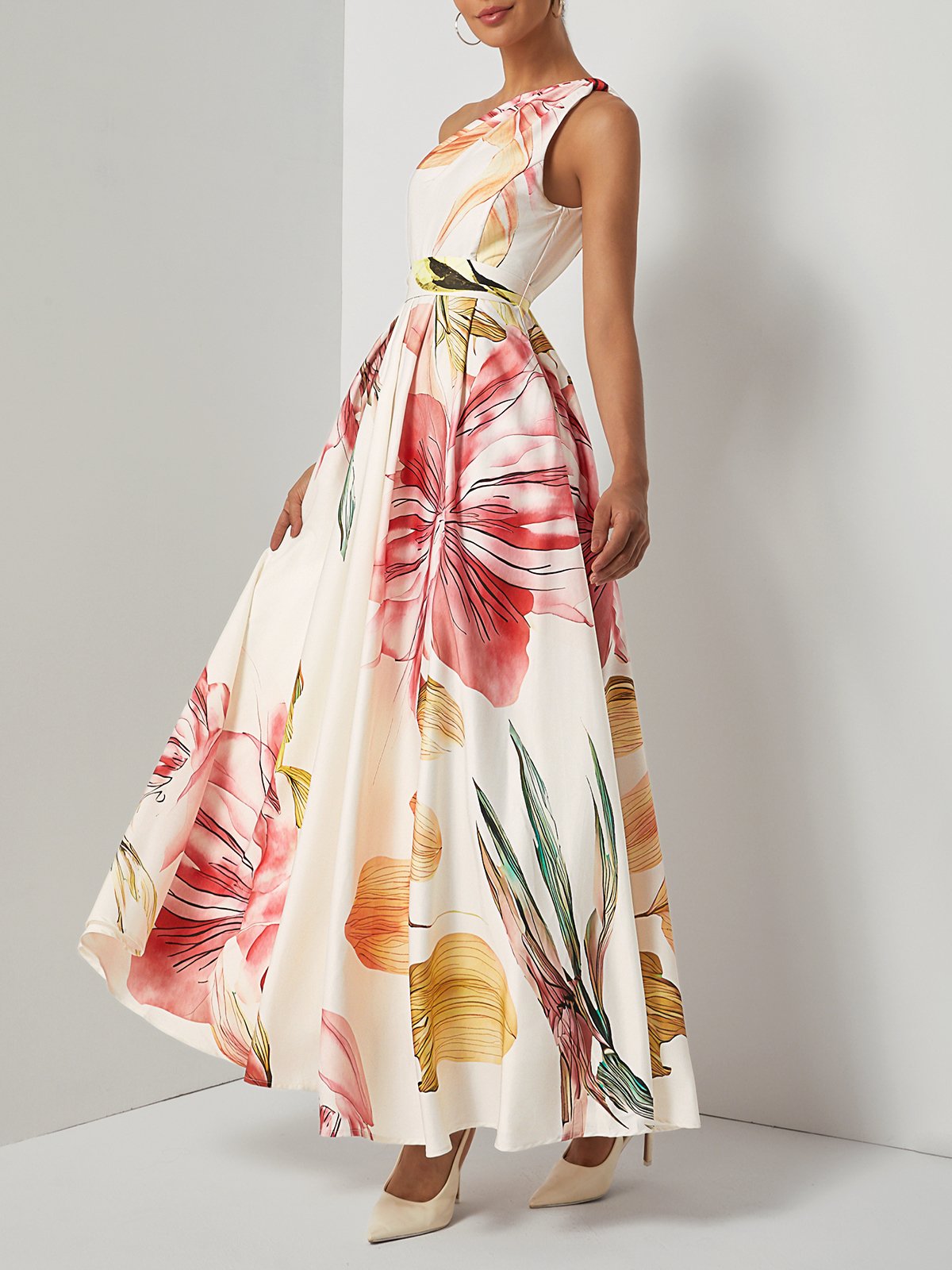 Pink Floral Satin One Shoulder Sleeveless A-Line Maxi Dress