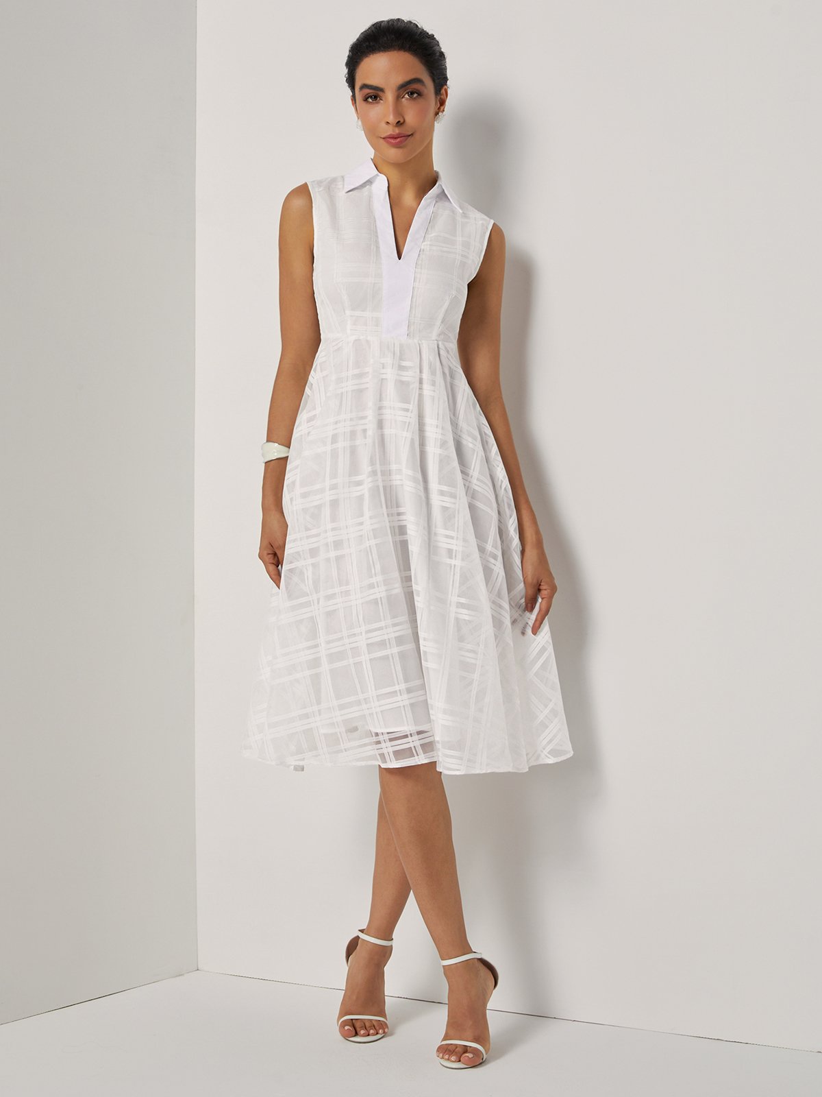 White Mesh Shirt Dress Shirt Collar Sleeveless A-Line Midi Dress