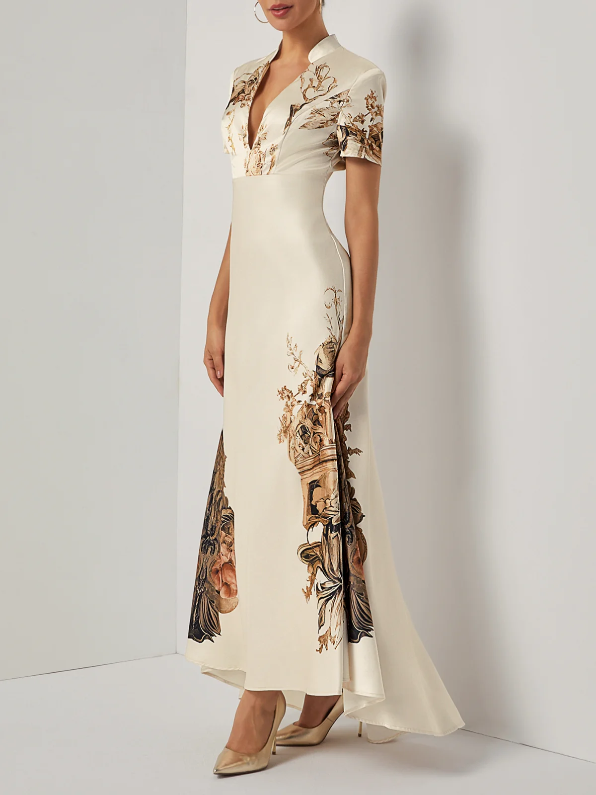 Beige Floral Satin Deep V Neck Short Sleeve Mermaid Gown Dress