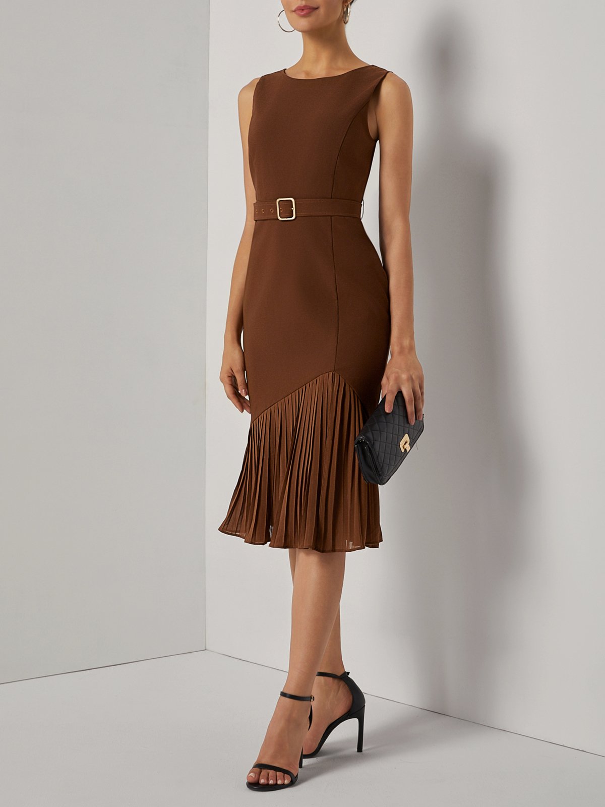 Brown Pleated Slit Classic Boat Neck Sleeveless Mermaid Midi Dress