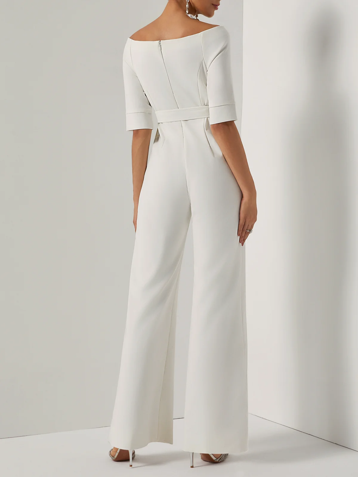 Women White Off The Shoulder Half Sleeve Dressy Jumpsuit