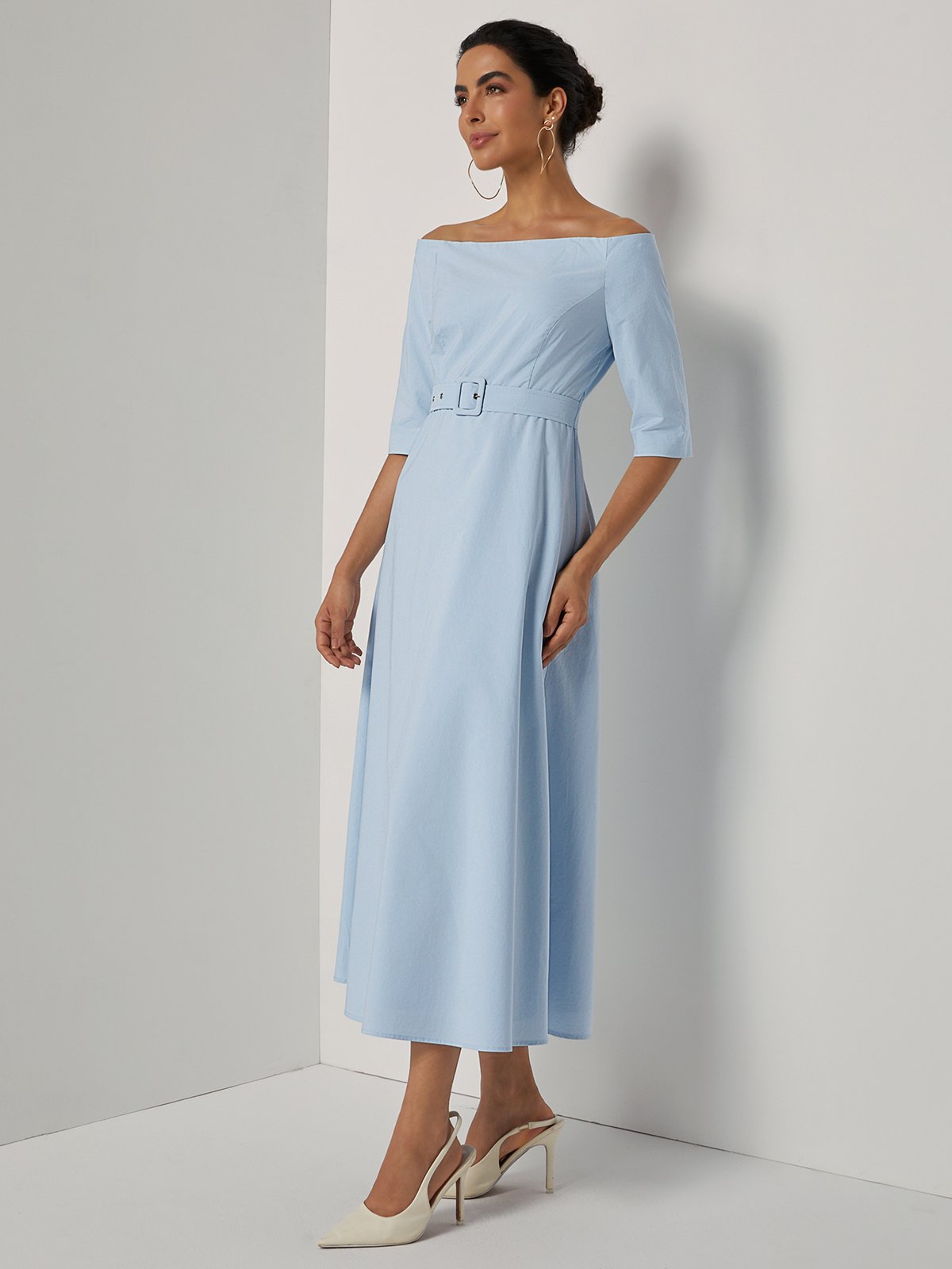 Light Blue Cotton Off The Shoulder Half Sleeve A-Line Maxi Dress
