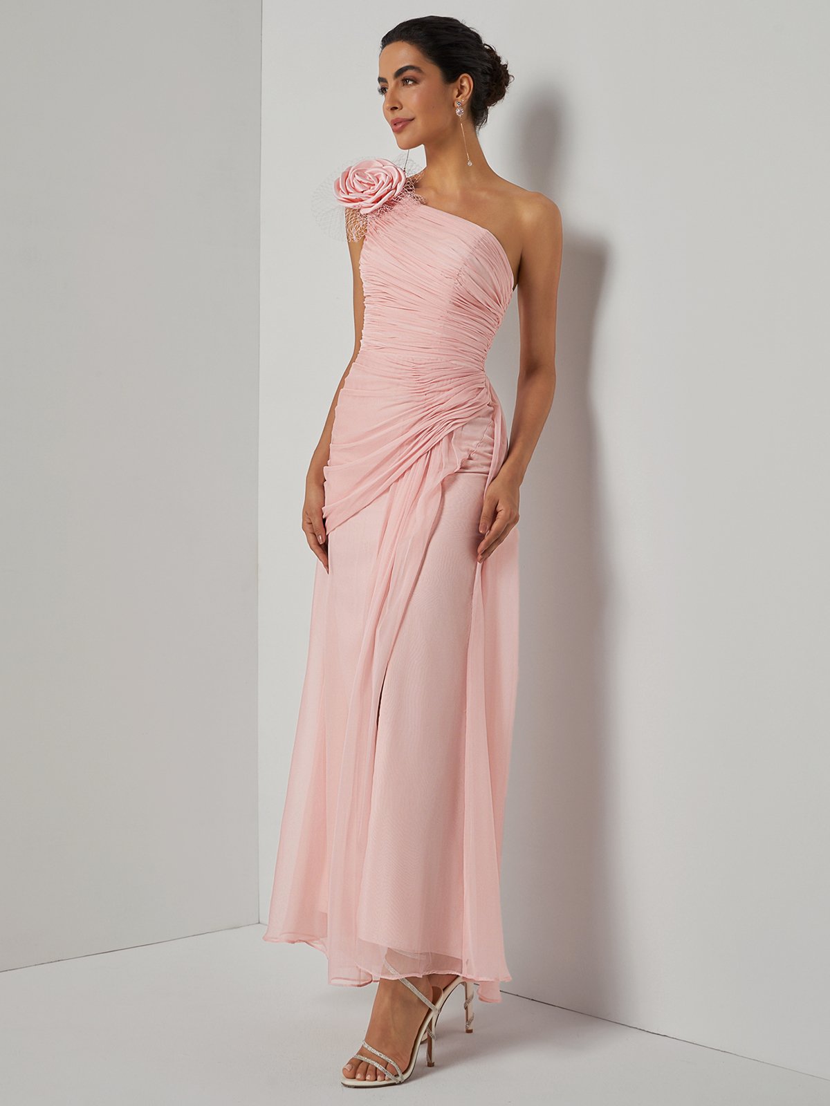 Pink 3D Floral Chiffon One Shoulder Sleeveless Sheath Gown Dress