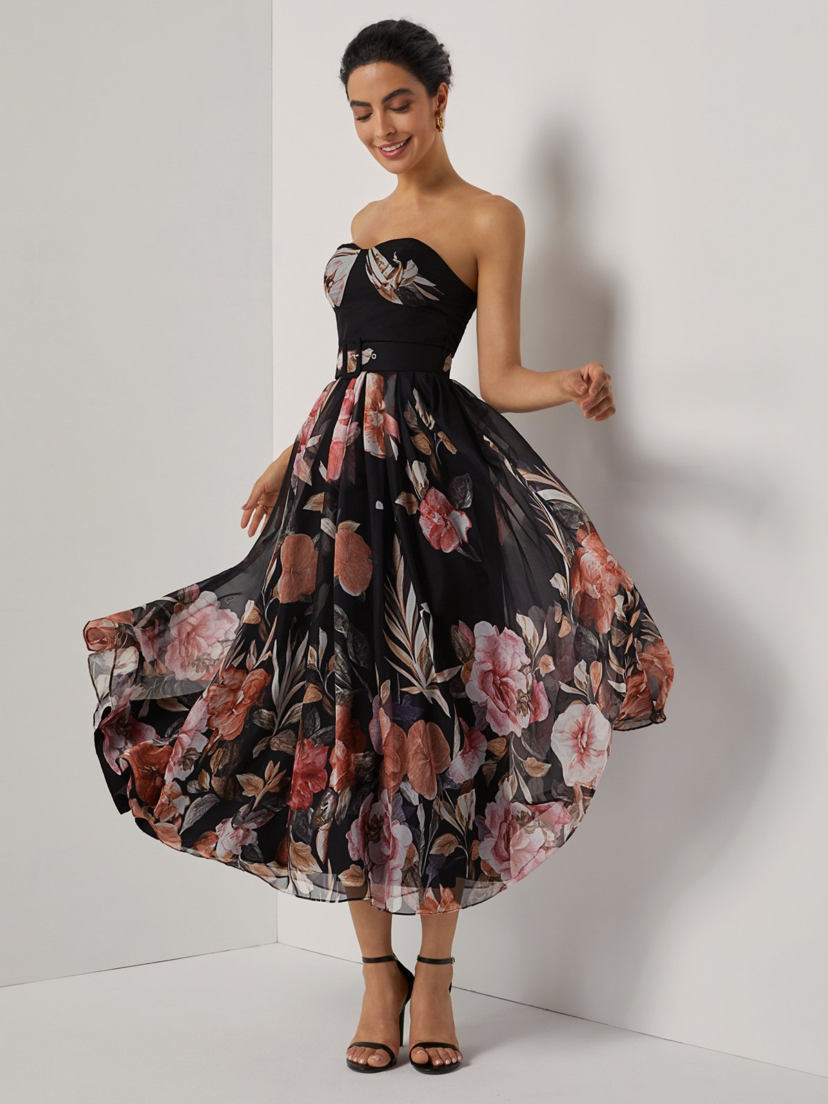 Black Floral Chiffon Strapless Sleeveless A-Line Midi Dress