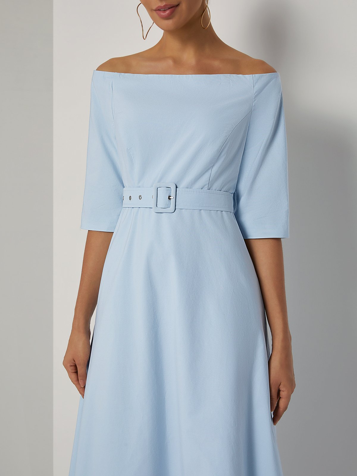 Light Blue Cotton Off The Shoulder Half Sleeve A-Line Maxi Dress