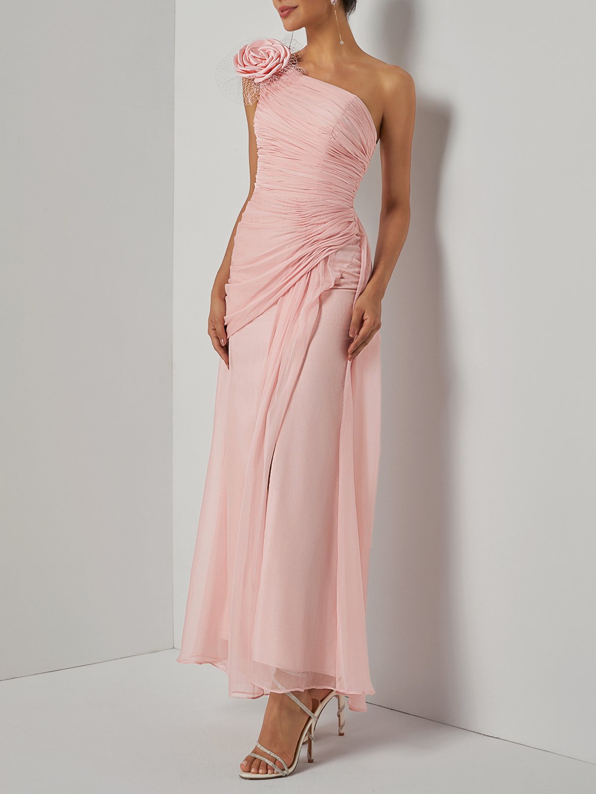 Pink 3D Floral Chiffon One Shoulder Sleeveless Sheath Gown Dress