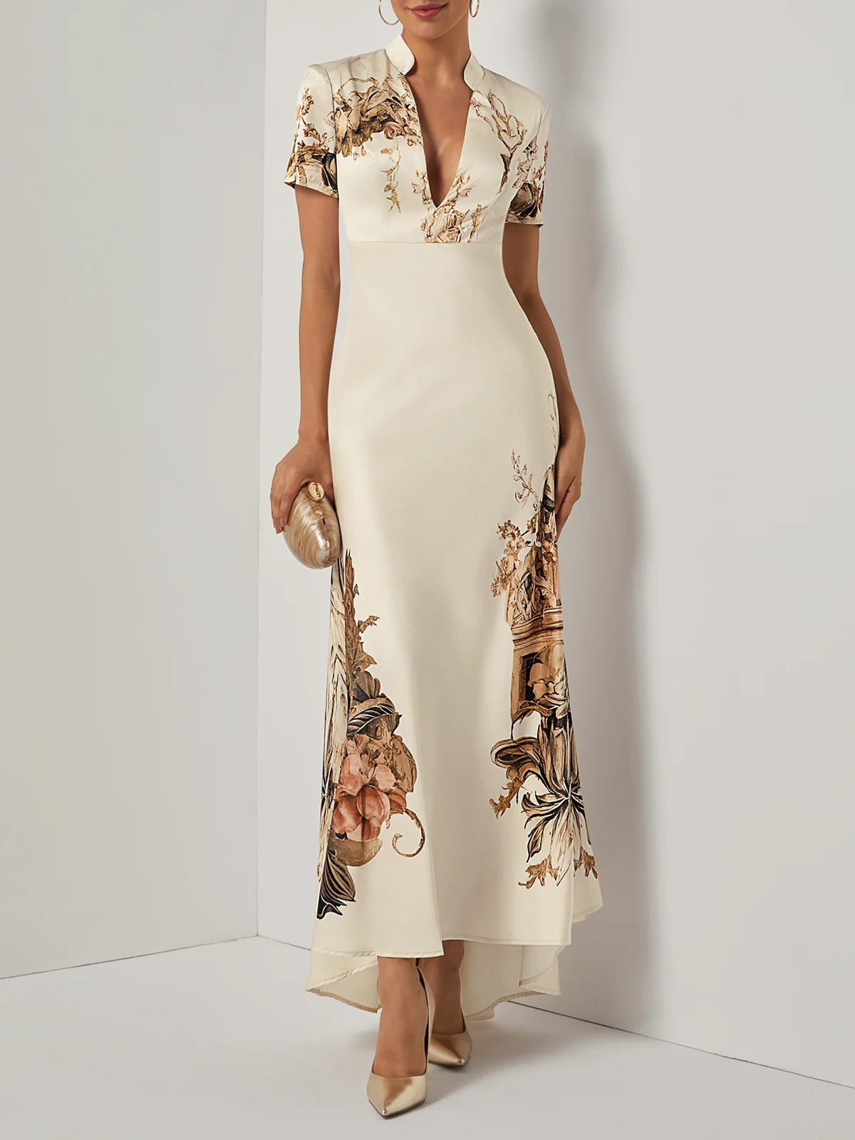 Beige Floral Satin Deep V Neck Short Sleeve Mermaid Gown Dress