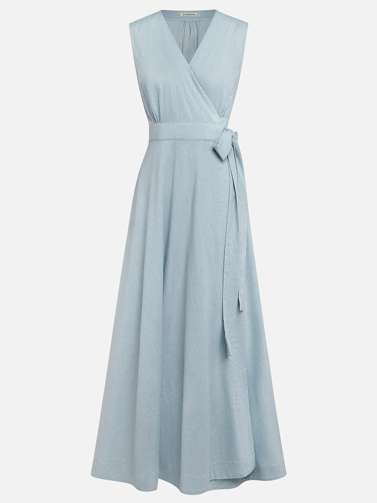 Light Blue Bow Linen Wrap V Neck Sleeveless A-Line Maxi Dress
