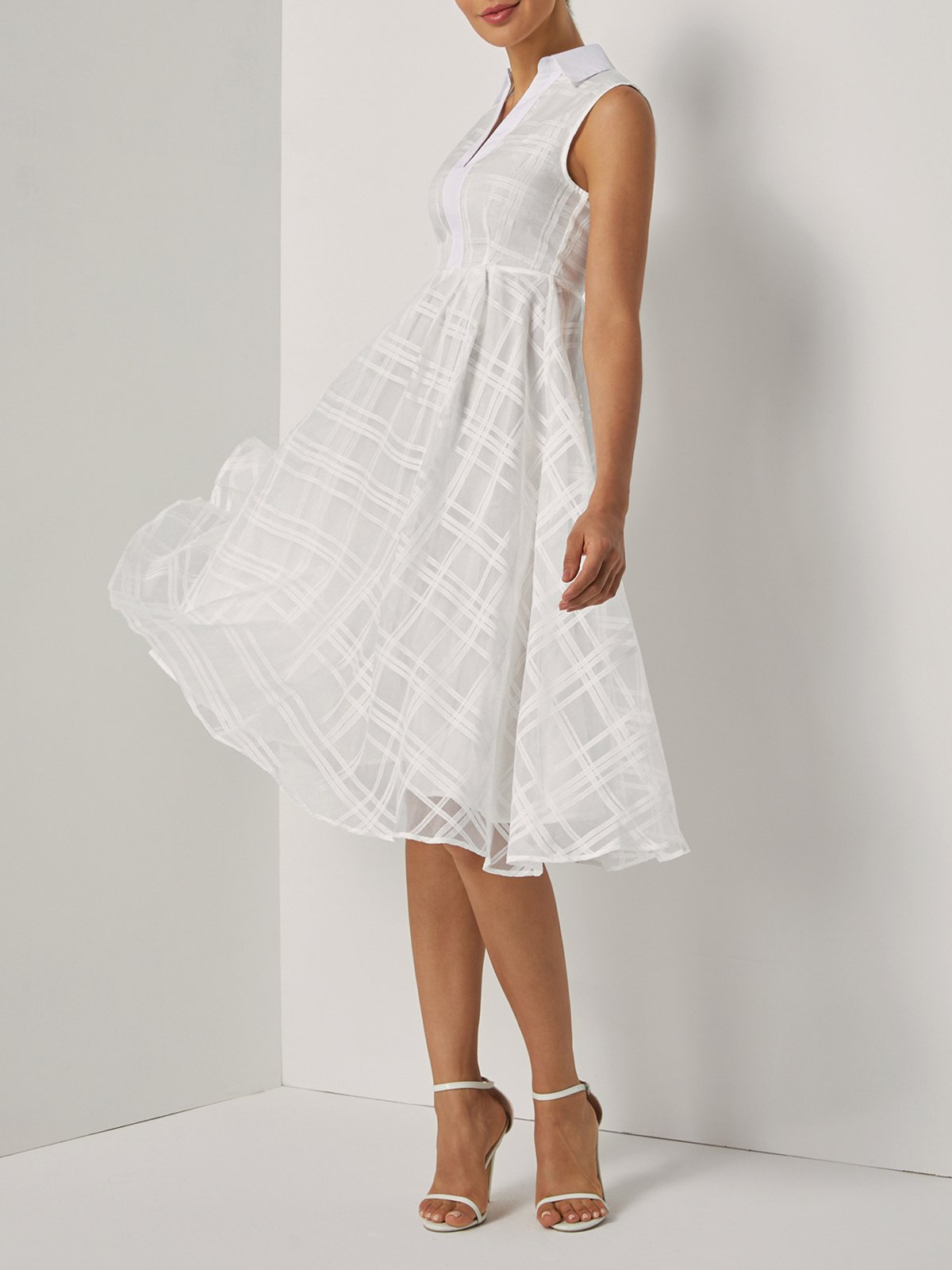 White Mesh Shirt Dress Shirt Collar Sleeveless A-Line Midi Dress