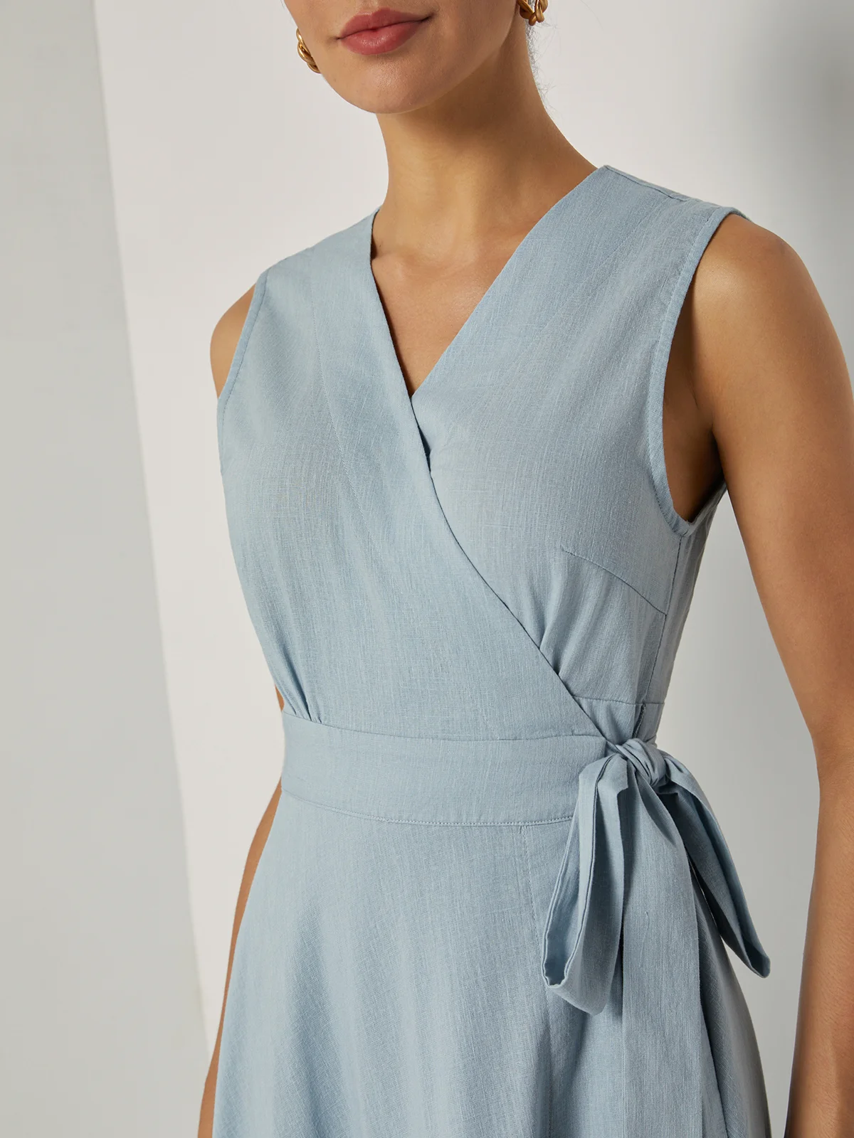 Light Blue Bow Linen Wrap V Neck Sleeveless A-Line Maxi Dress