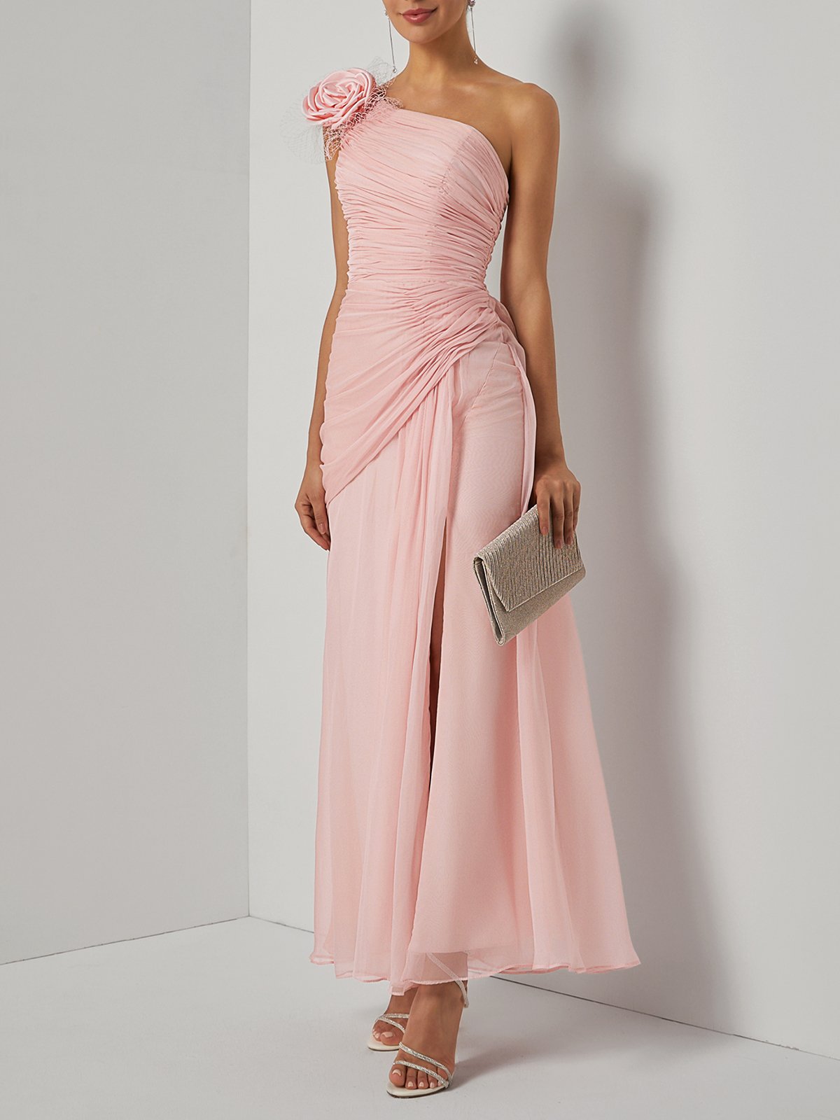 Pink 3D Floral Chiffon One Shoulder Sleeveless Sheath Gown Dress