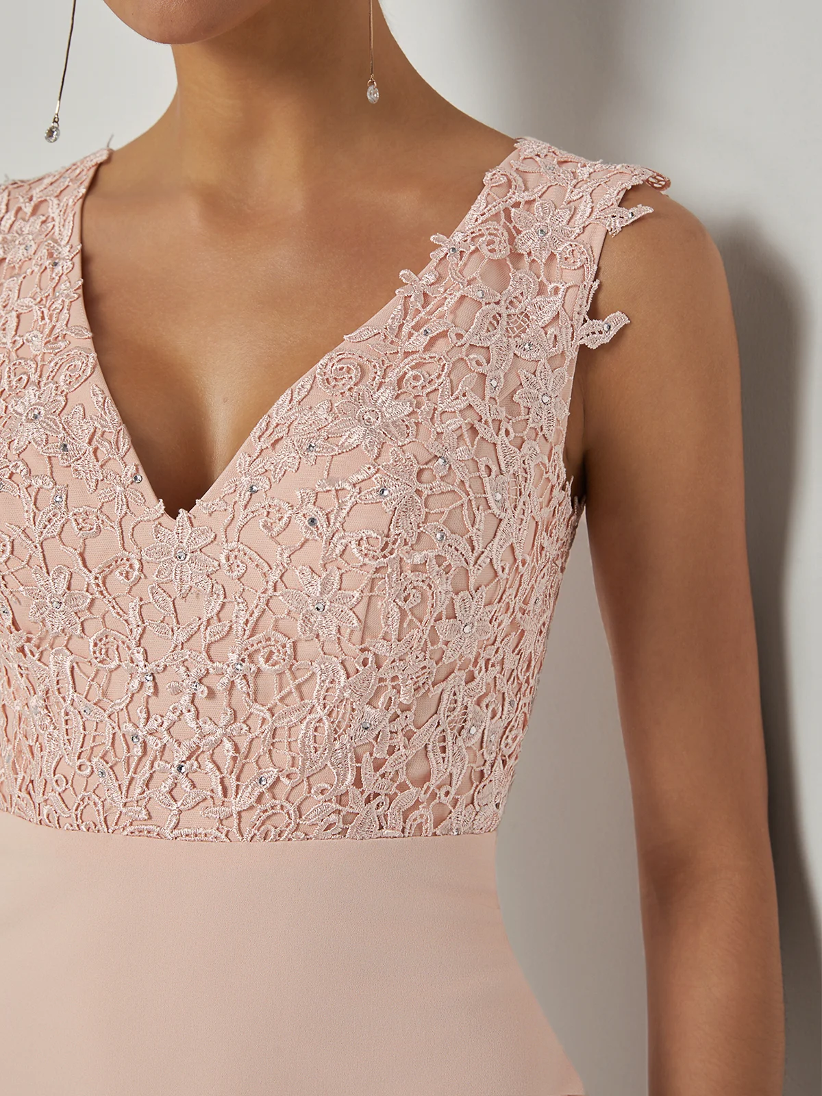 Pink Lace Padded Classic V Neck Sleeveless Sheath Midi Dress
