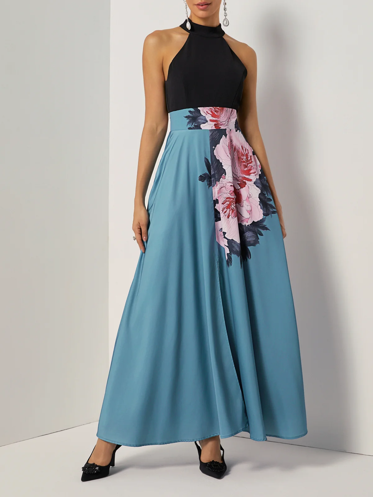 Black Floral Slit Satin Halter Sleeveless A-Line Maxi Dress