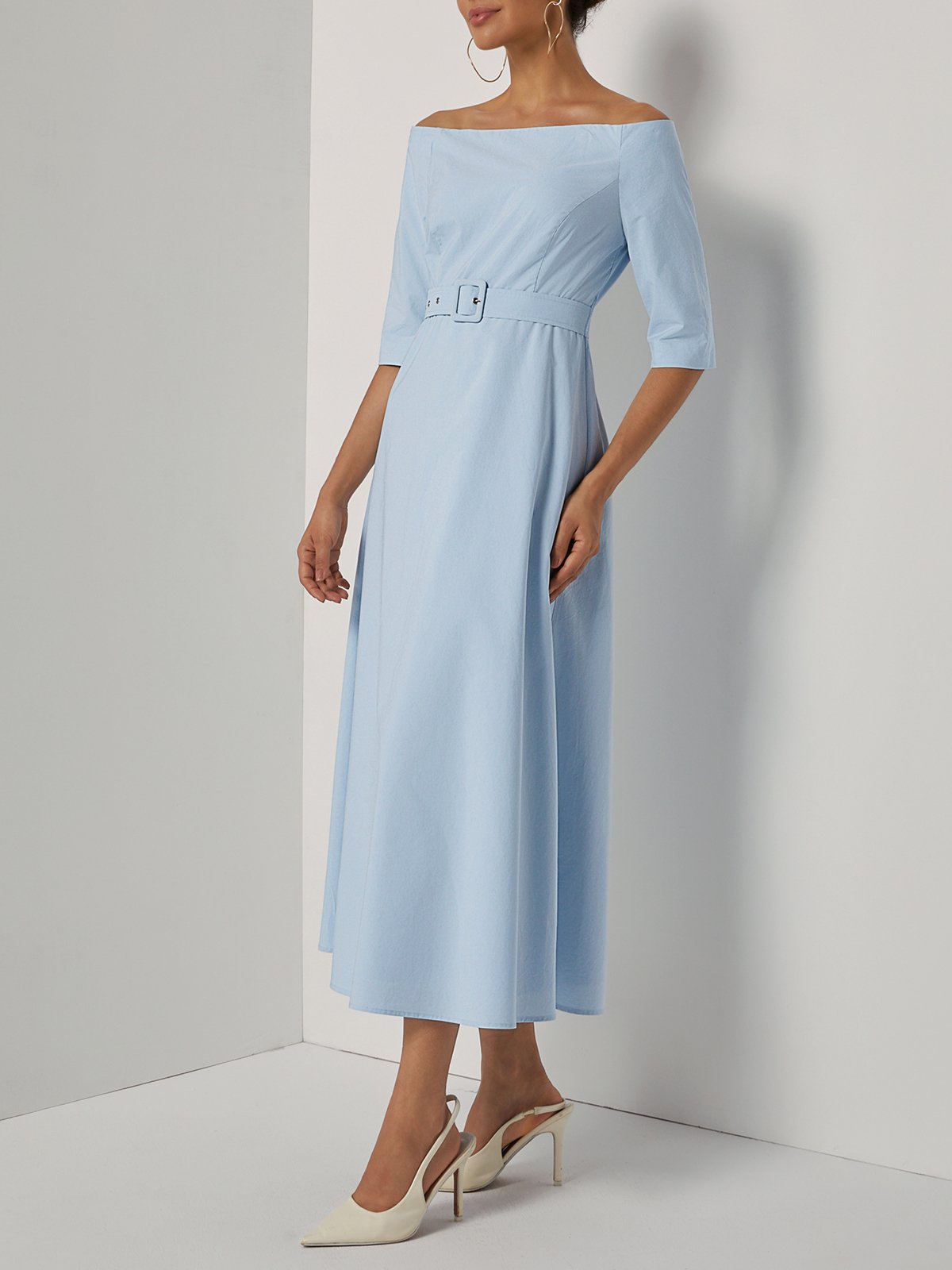 Light Blue Cotton Off The Shoulder Half Sleeve A-Line Maxi Dress