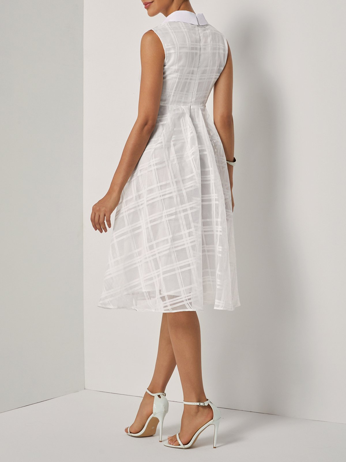 White Mesh Shirt Dress Shirt Collar Sleeveless A-Line Midi Dress