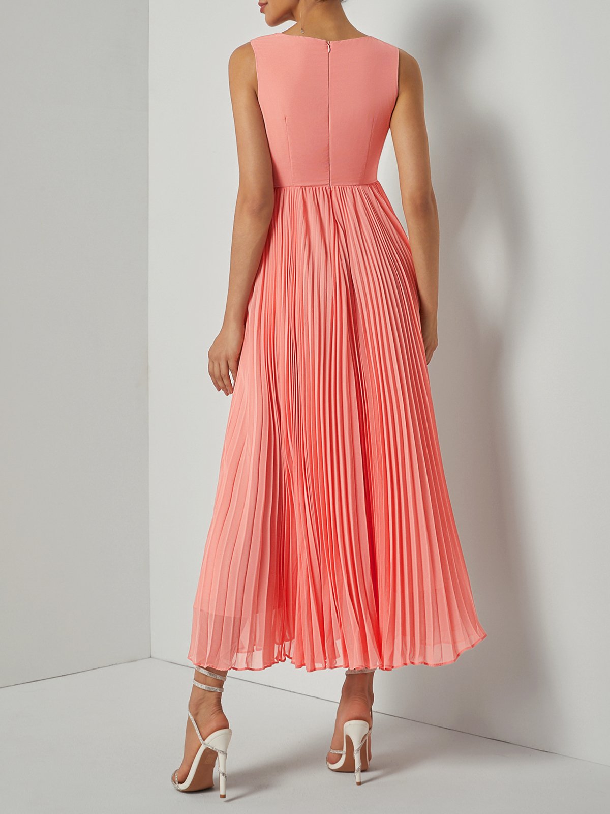 Orange Lace Pleated Hollow Out Chiffon Crew Neck Sleeveless A-Line Maxi Dress