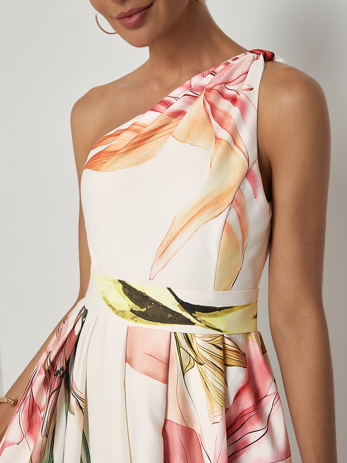 Pink Floral Satin One Shoulder Sleeveless A-Line Maxi Dress