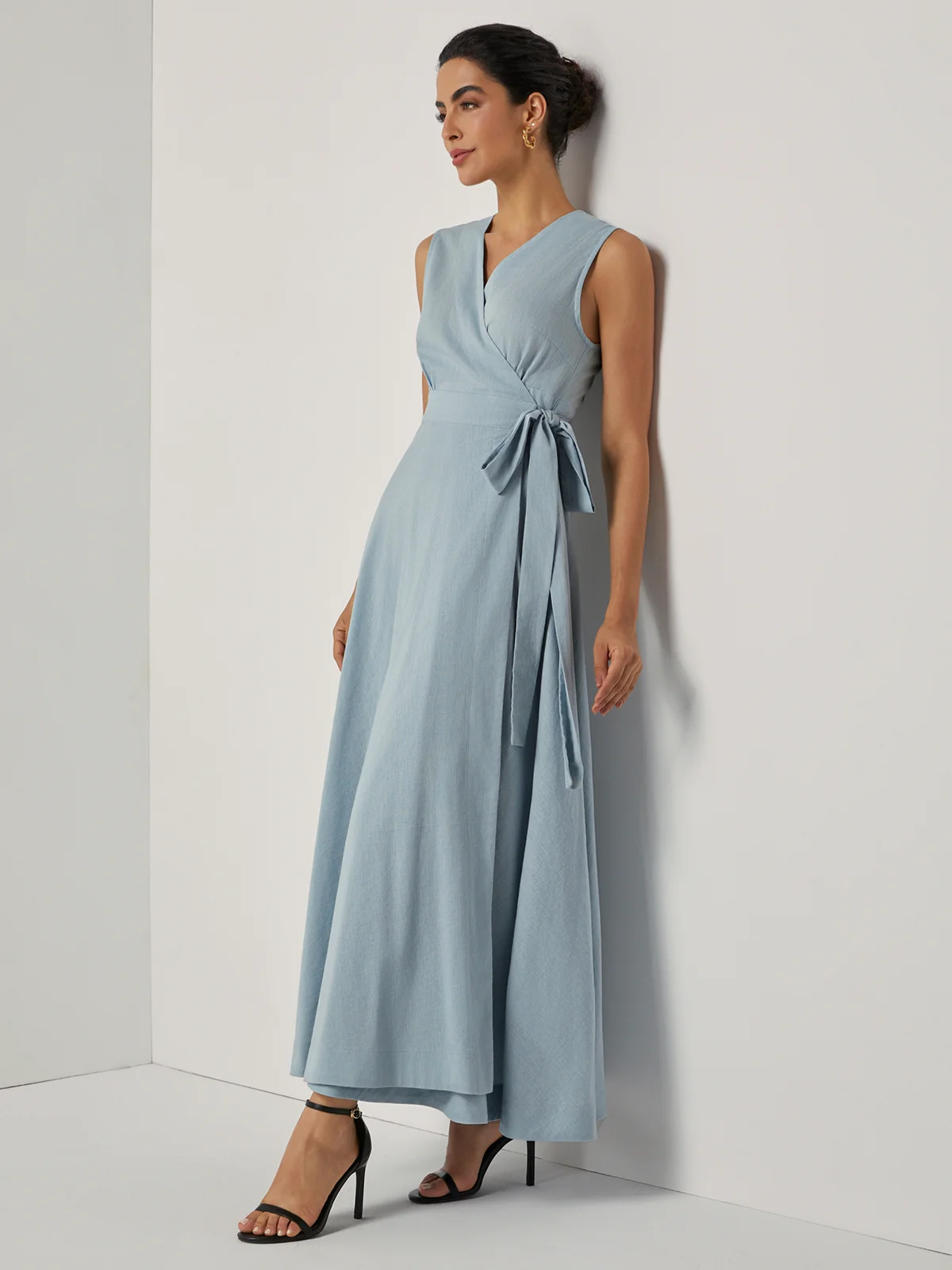 Light Blue Bow Linen Wrap V Neck Sleeveless A-Line Maxi Dress