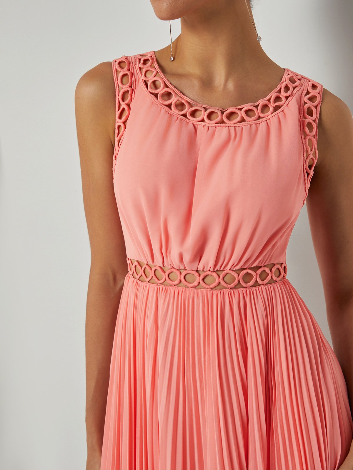 Orange Lace Pleated Hollow Out Chiffon Crew Neck Sleeveless A-Line Maxi Dress