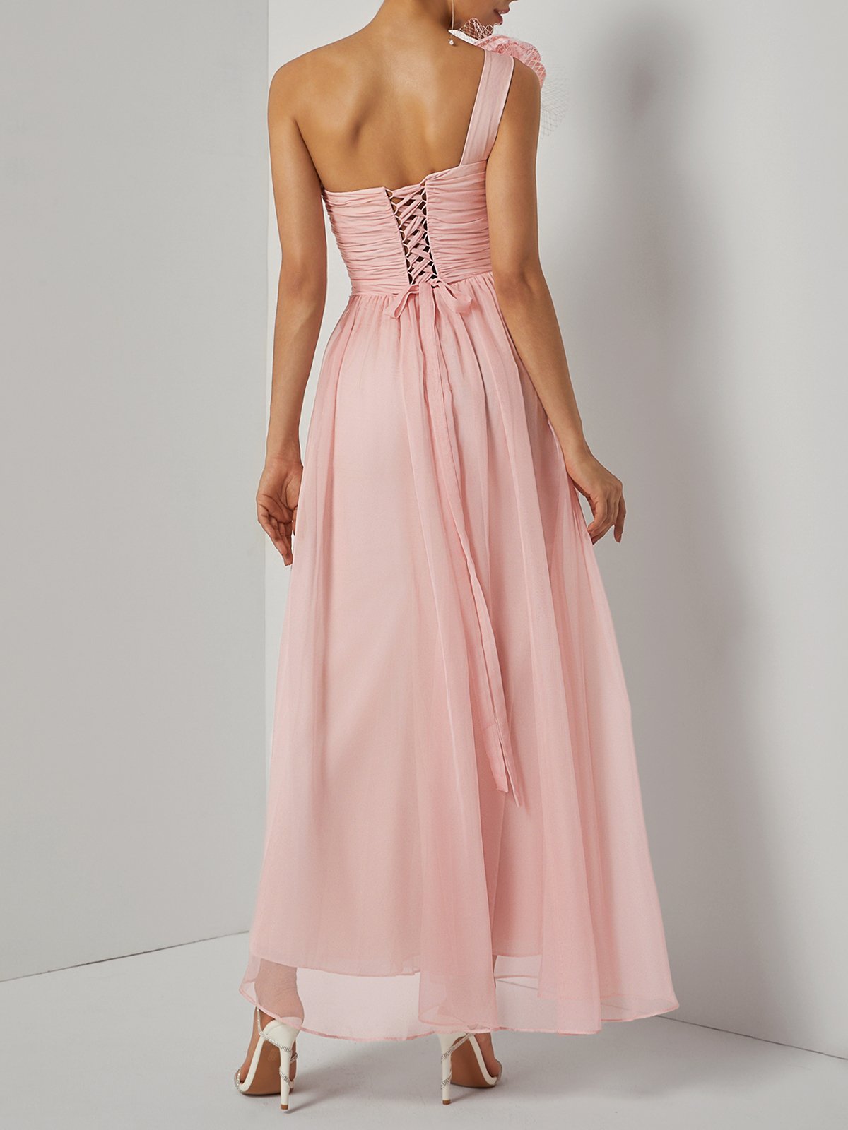 Pink 3D Floral Chiffon One Shoulder Sleeveless Sheath Gown Dress