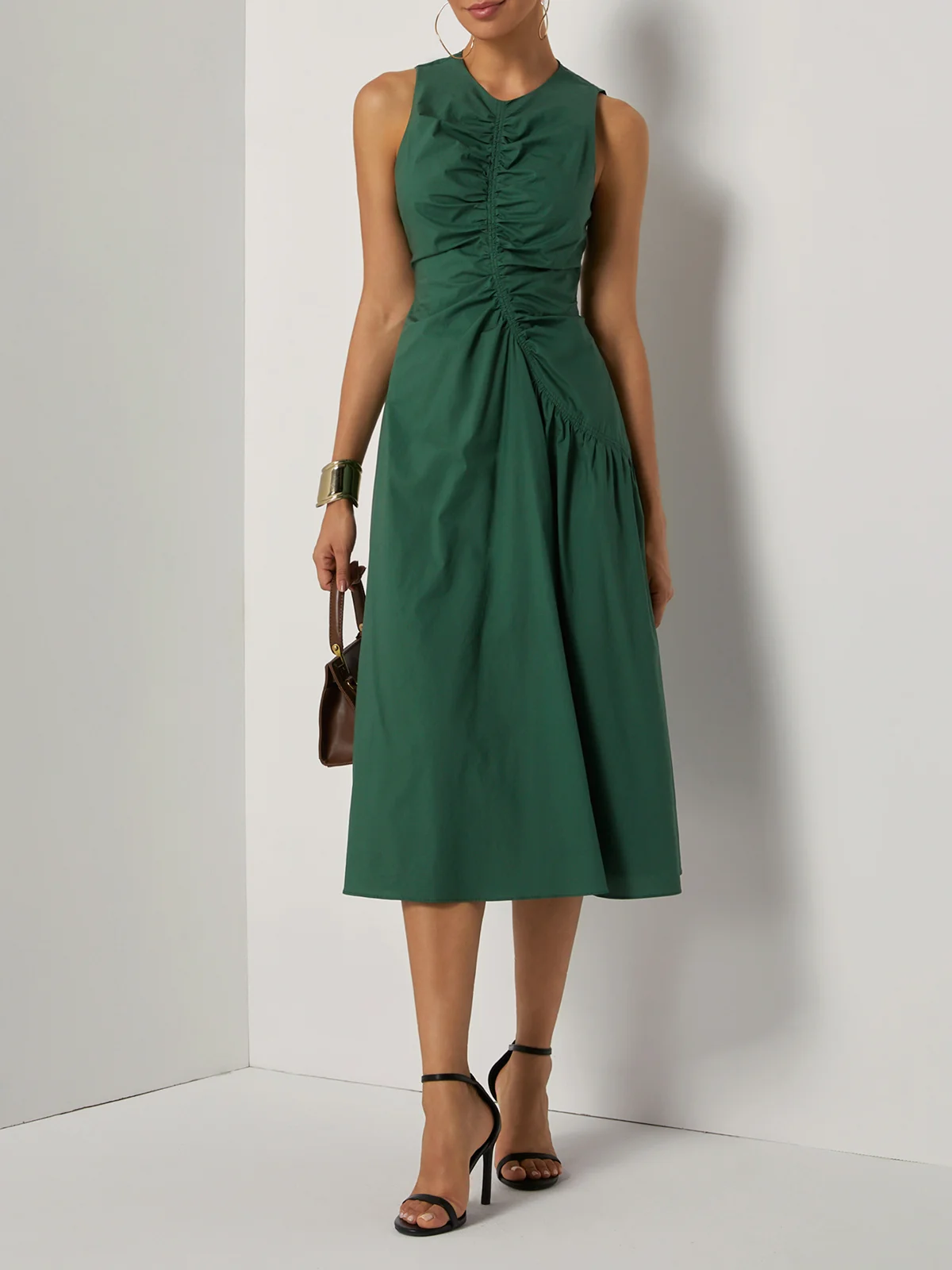 Green Shirred Cotton Crew Neck Sleeveless A-Line Midi Dress